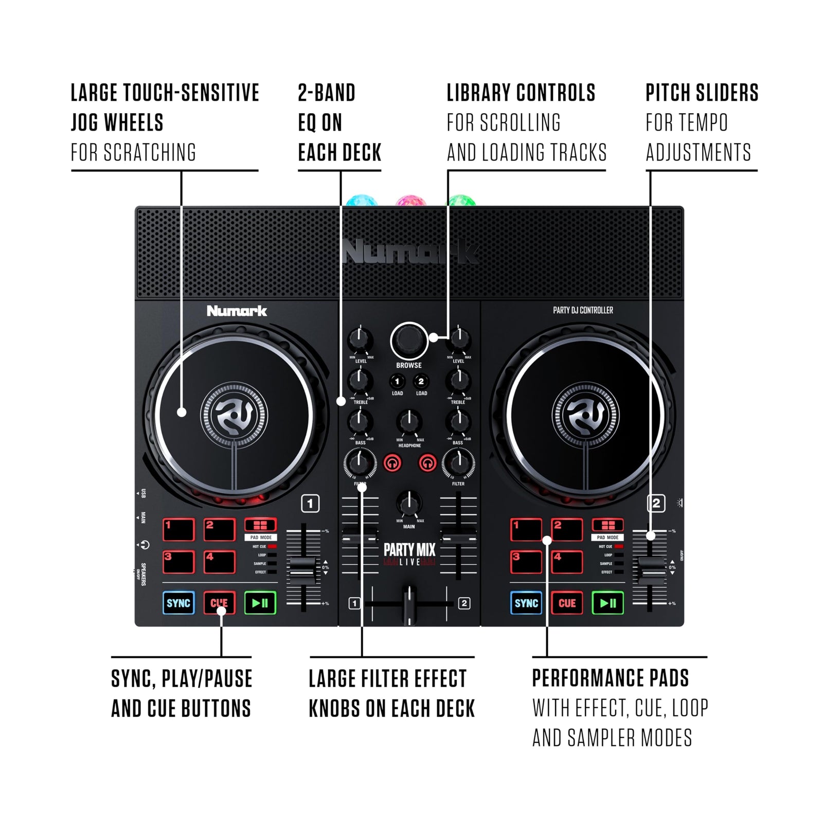كنترولر دي جي من-بوكس تالف Numark مع سماعات مدمجة وإضاءة ومكسر صوت ويدعم Serato DJ Lite