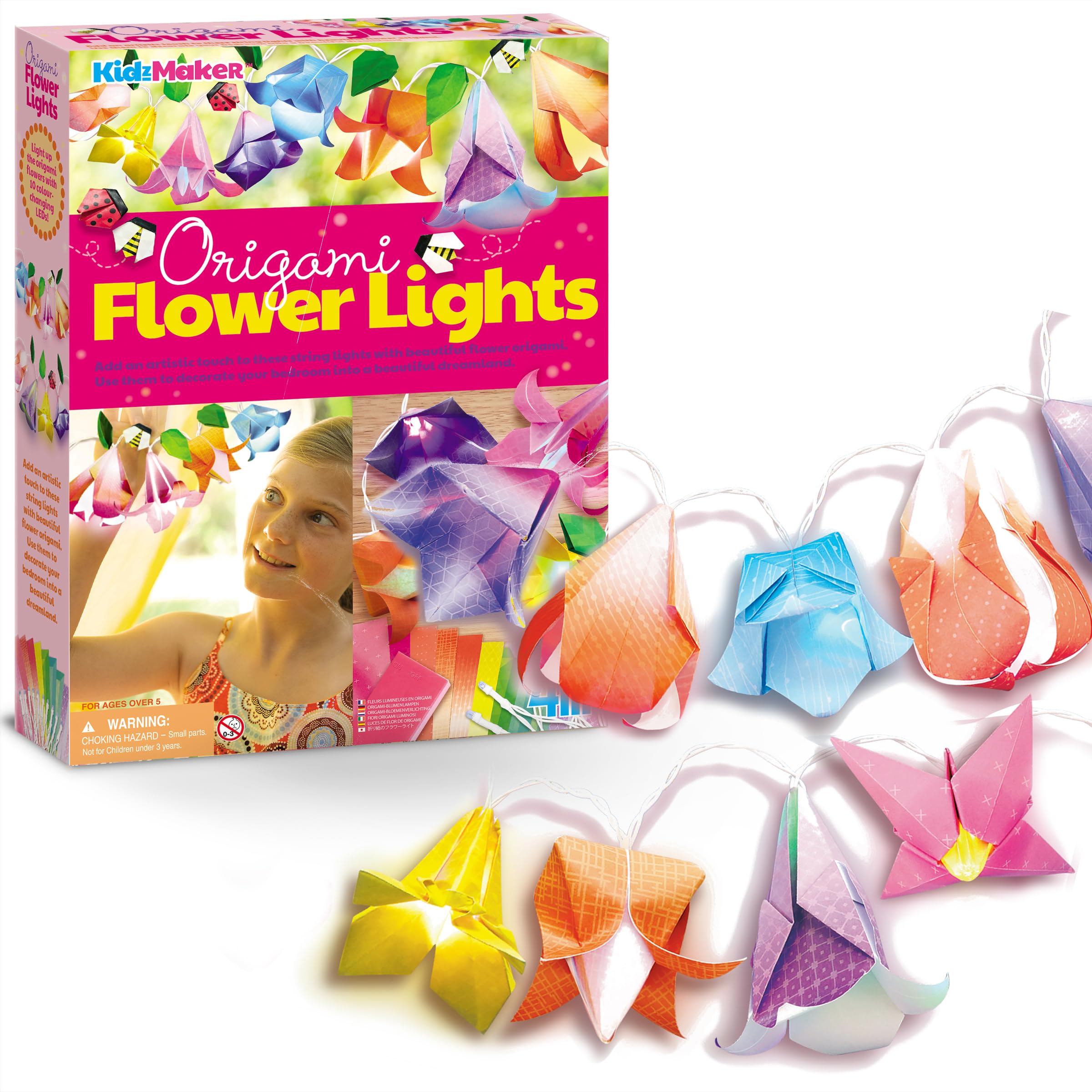 4M KidzMaker Origami Flower Lights Craft Kit – DIY Flower Paper Light String Art with 10 Color‑Changing LED Bulbs + 15 Origami Sheets,