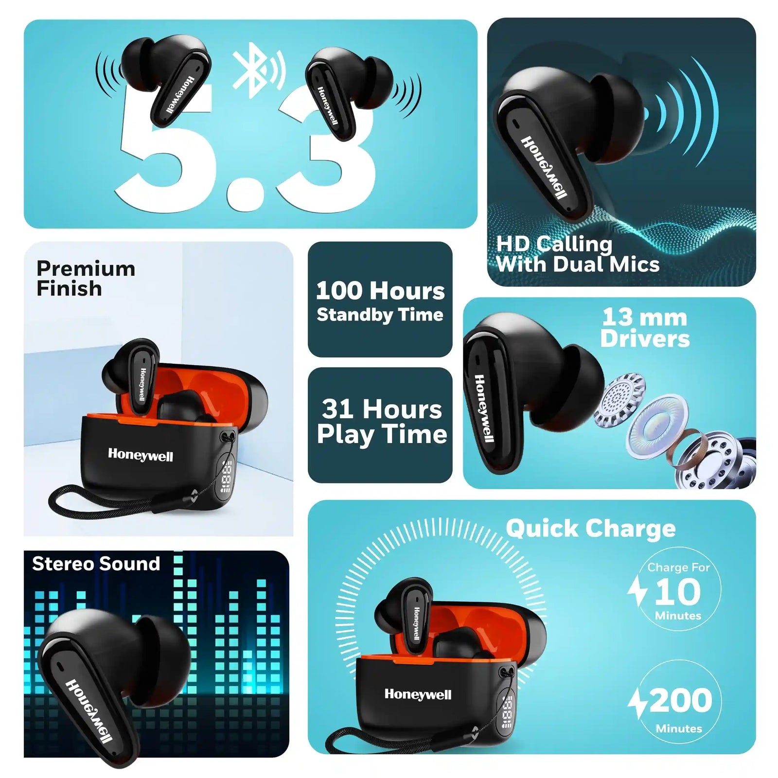 Honeywell  V1100, in-Ear True Wireless Stereo Earbuds with Digital Battery Display Case, Dual Microphones, Bluetooth V5.3, 31 Hours of Playtime, 100 Hours Stand-by, Fast Charging, Black