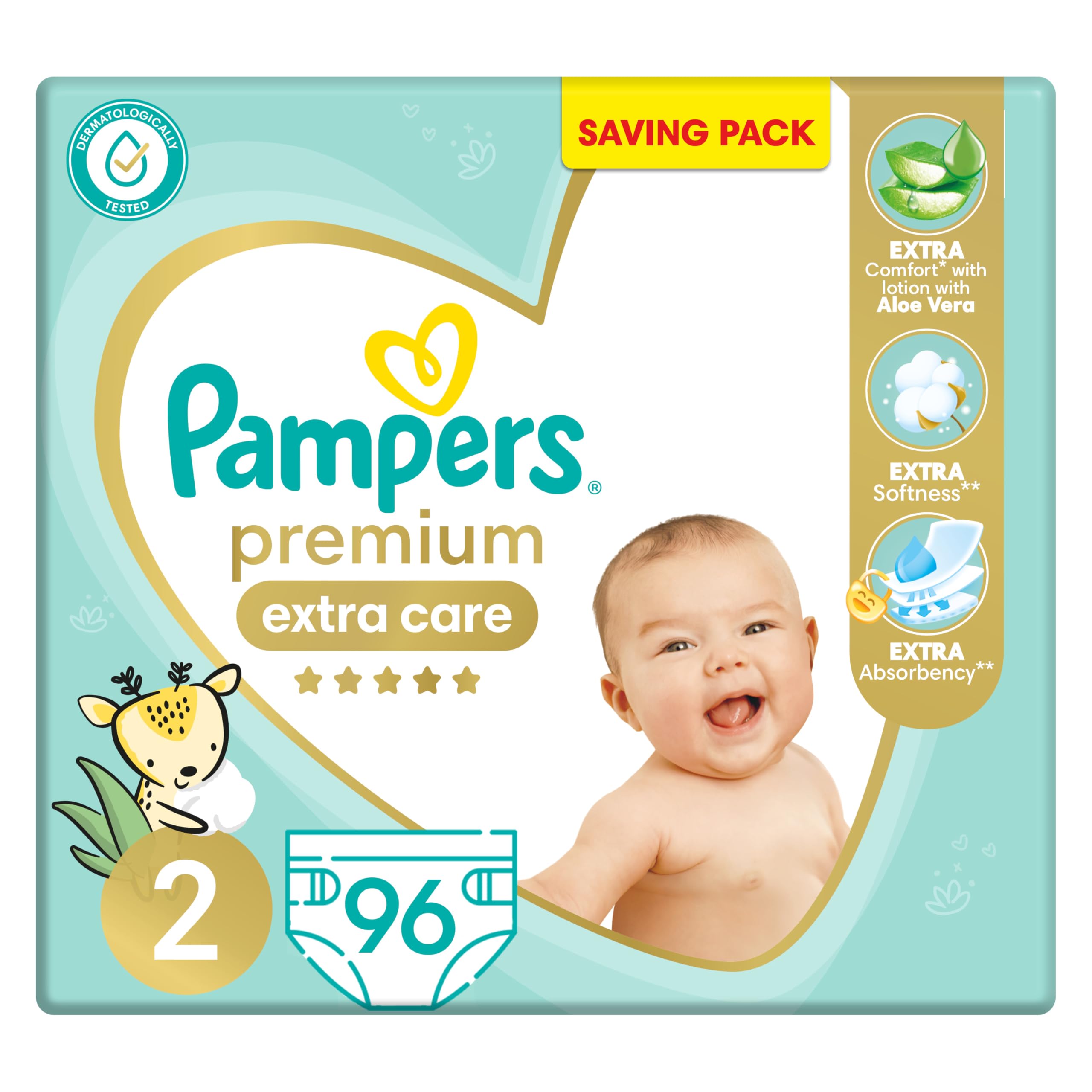 Pampers premium extra care diapers, size 2, 3-8 kg, with lotion with aloe vera, 96 baby diapers - Safqqa Egypt