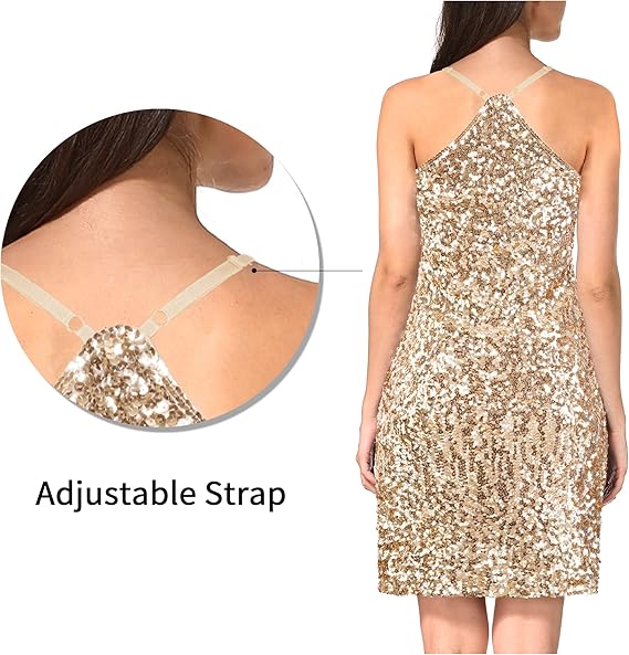 MANER Women Sequin Glitter Dress Adjustable Straps Gold Party Dress – Safqqa Egypt