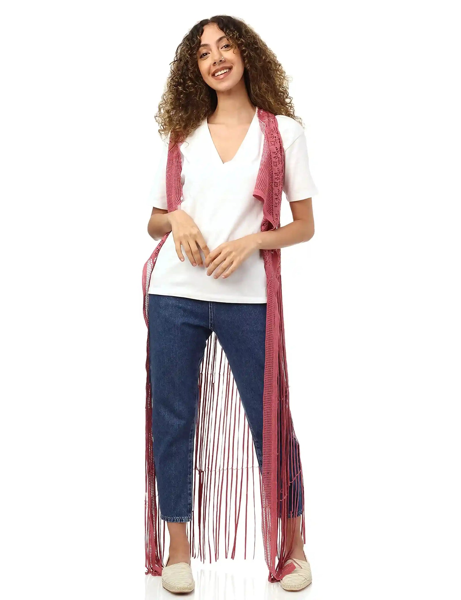 JAMILA Women fringed net cardigan SWEATER