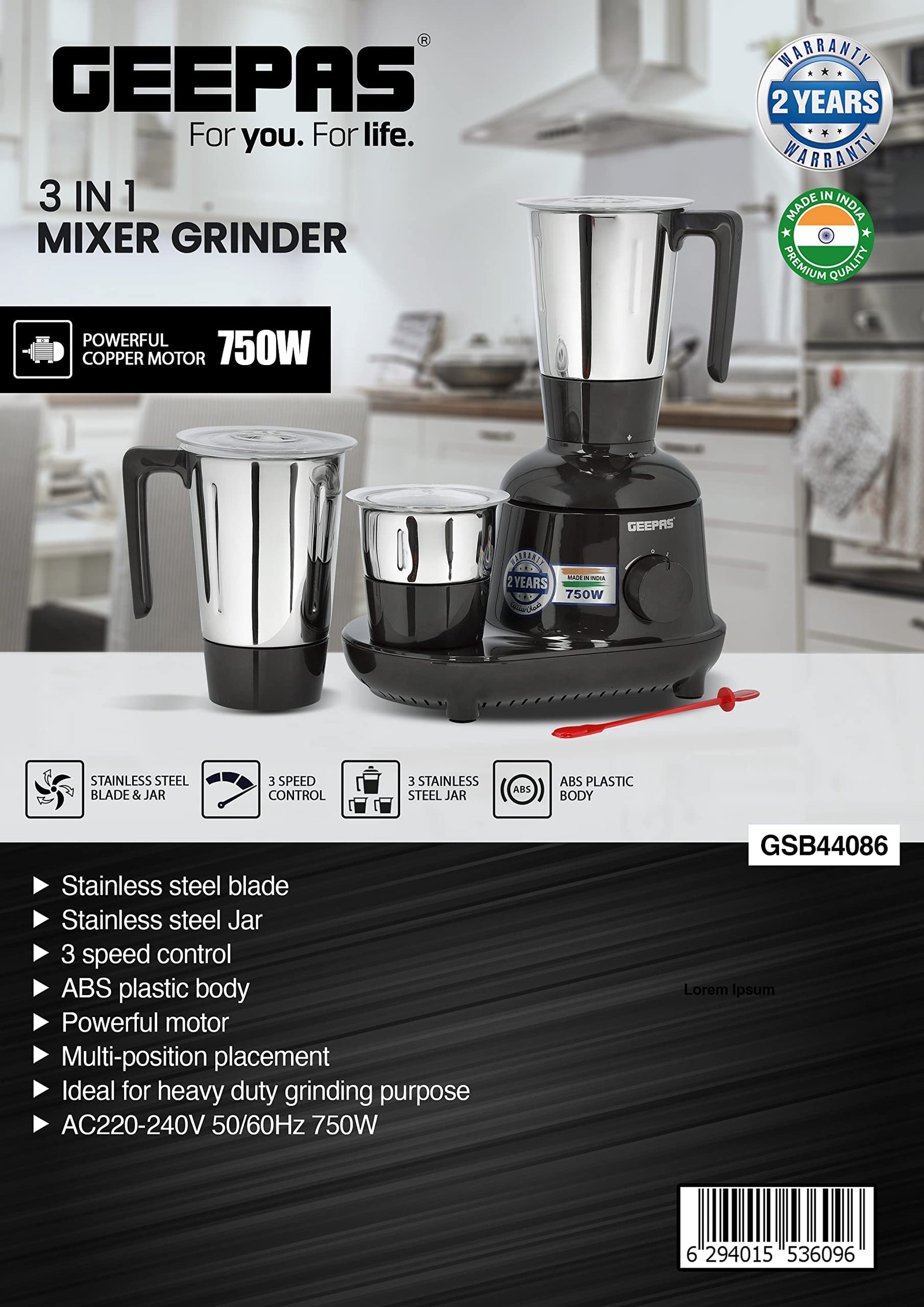 TMBBAINU 750W 3-in-1 Mixer Grinder – Powerful Motor, Stainless Steel Jars & Blades, 3-Speed Control, Overload Protection – Ideal for Chutney, Dry & Wet Grinding (Minor Scratch)