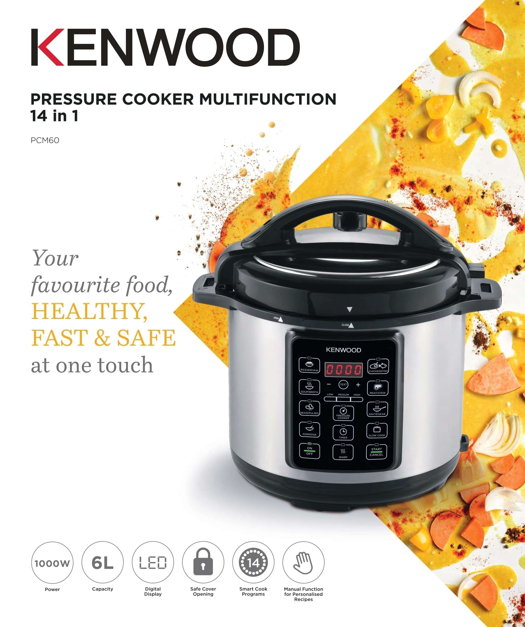 Kenwood 14-in-1 Electric Pressure Cooker 6L, 1000W Multifunctional Programmable Multicooker with 14 Smart Cook Programs & Safety Features – PCM60 Black/Silver