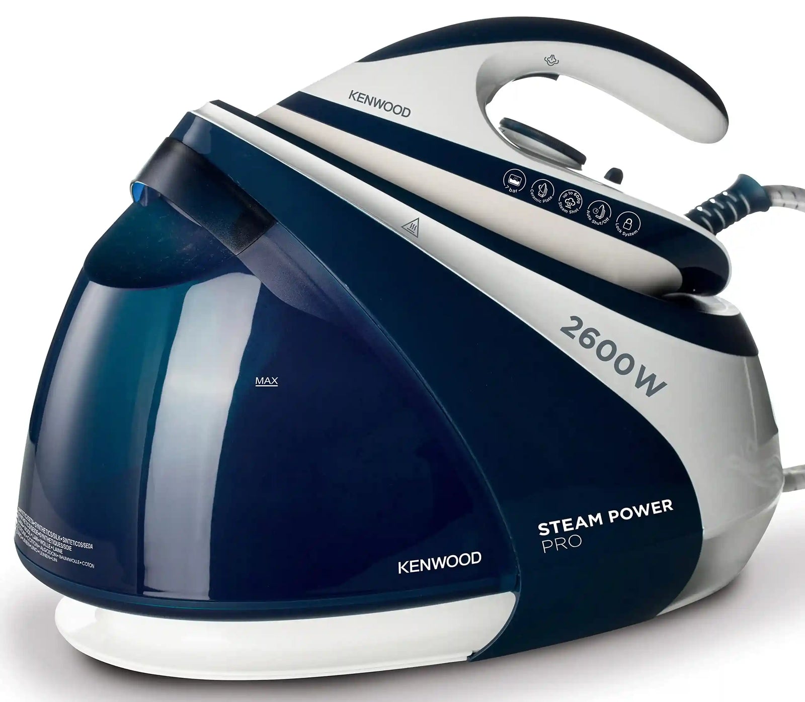 Kenwood Steam Iron Steam Station 2600W With 1.8L Water Tank Capacity, Ceramic Soleplate, 7 Bar Boiler Pressure, 600G Steam Shot, Anti Drip, Auto Shut Off, Self Clean Ssp70.000Wb White/Blue - There are scratches and the box is damaged - Safqqa Egypt
