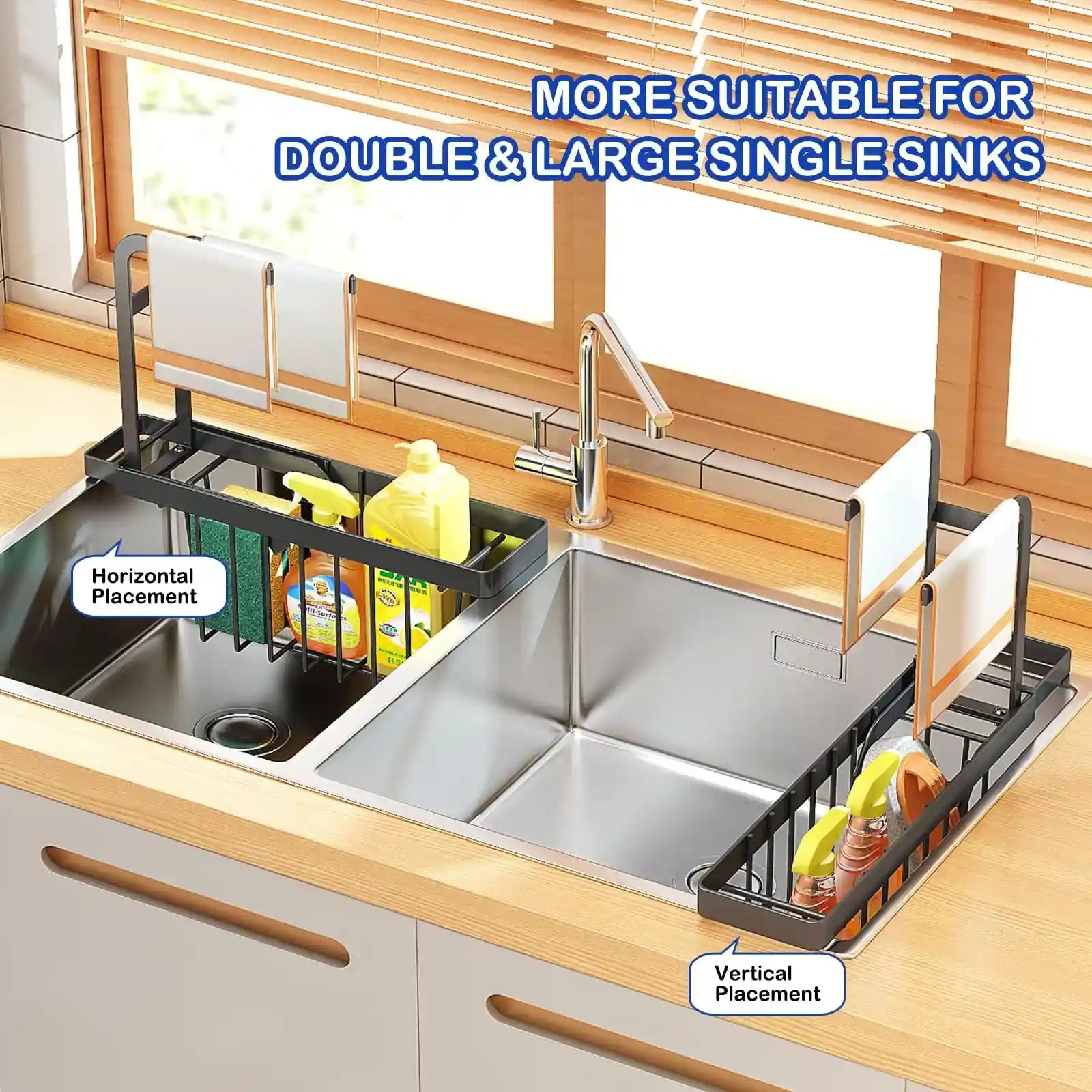 HOISIMDY Kitchen Sink Organiser Sink Caddy Expandable Sponge Holder Telescopic Sink Rack & Holder with Dishcloth Towel Rack