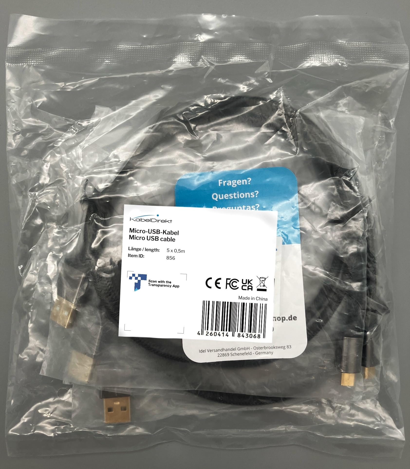 كابل USB صغير بطول 0.5 متر من KabelDirekt (USB 2.0، كابل مزامنة وشحن، نايلون) سلسلة PRO - عبوة من 5 قطع