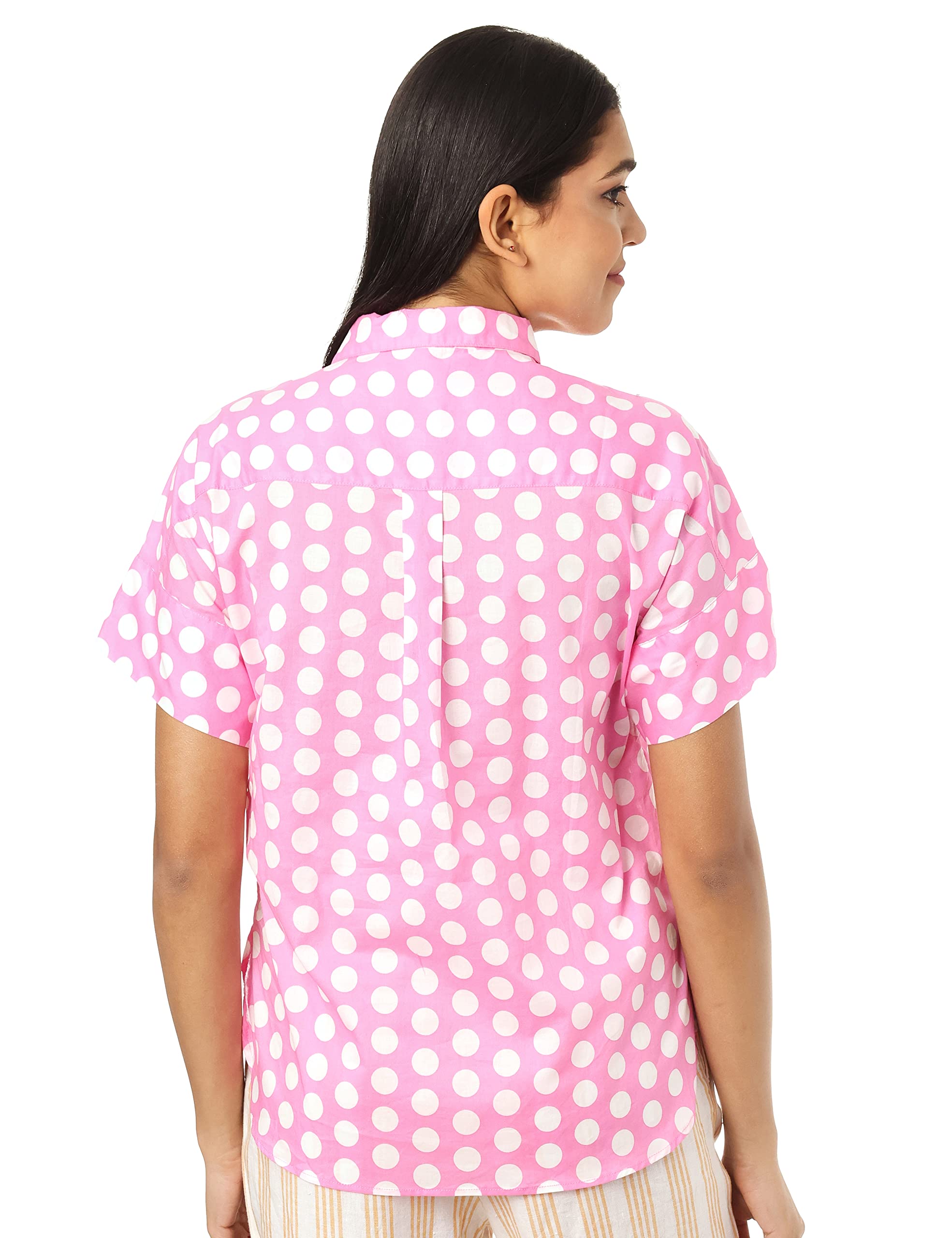 Splash Basic Polka Dot Cotton Short-Sleeve Rounded-Hem Button-Down Shirt For Women