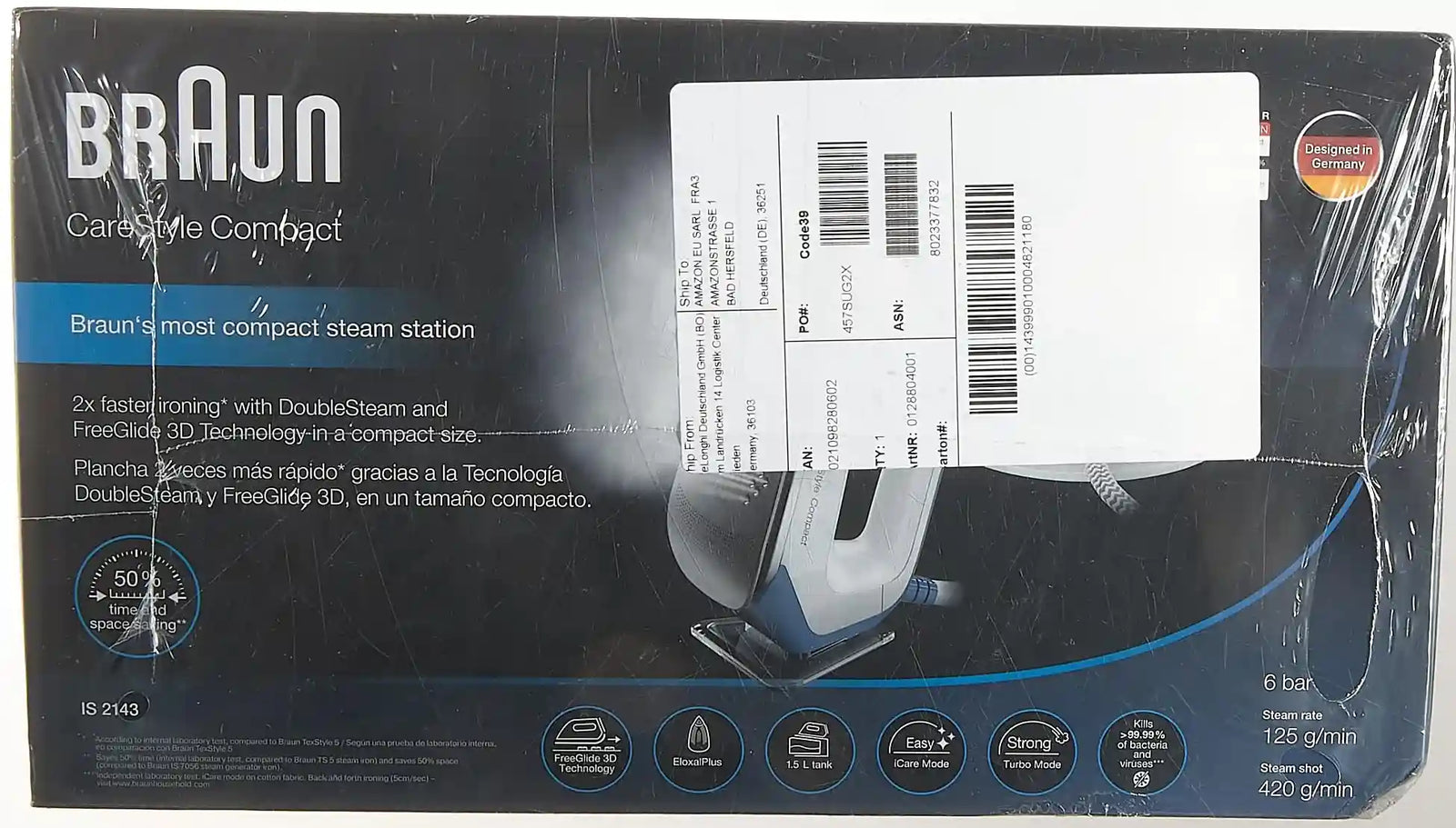 مولد بخار براون IS2143BL مزود بمكواة فري غلايد ثلاثية الأبعاد لتسهيل الكي على جميع أنواع الأقمشة. يتميز بضغط بخار 5.5 بار وخزان ماء كبير بسعة 1.5 لتر لتوفير بخار مستمر وقوي يسرّع عملية الكي.