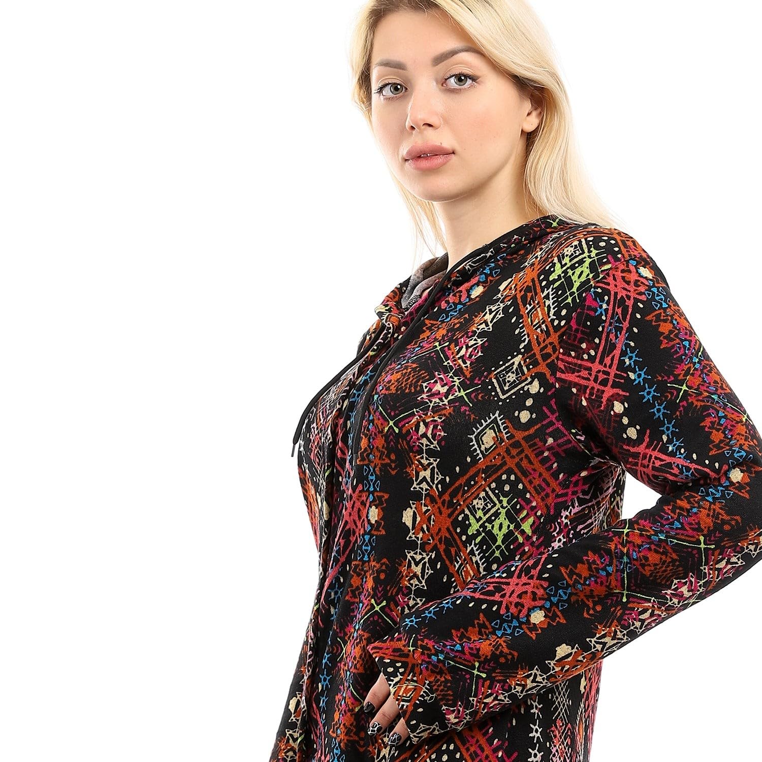 Andora Hi-Low Ruffle Trim Patterned Winter Sweatshirt For Women,Long sleeves and comfortable fit for ease of movement.