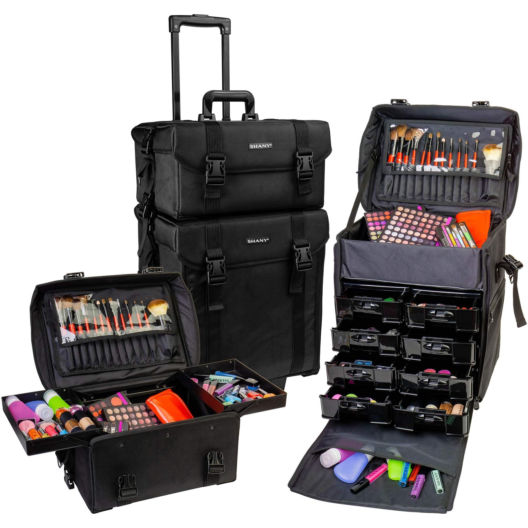 Shany Soft MakEUp Artist Rolling Trolley Cosmetic Case With Free Set Of Mesh Bags - Jet Black