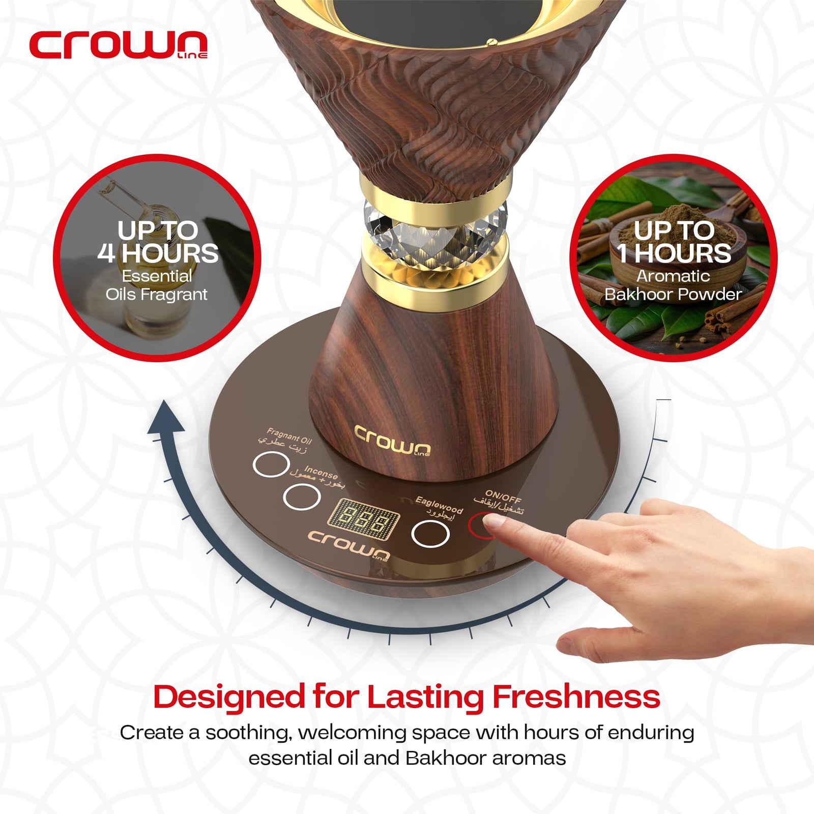 بخر البخور الكهربائي من كراون لاين بين الأناقة والتقنية الحديثة ليمنحك تجربة عطرية فاخرة. يتميز بنظام تحكم ستريكس بخمس نقاط مع إمكانية ضبط درجة الحرارة بدقة، مما يسمح بإطلاق روائح البخور والعطور والزيوت العطرية