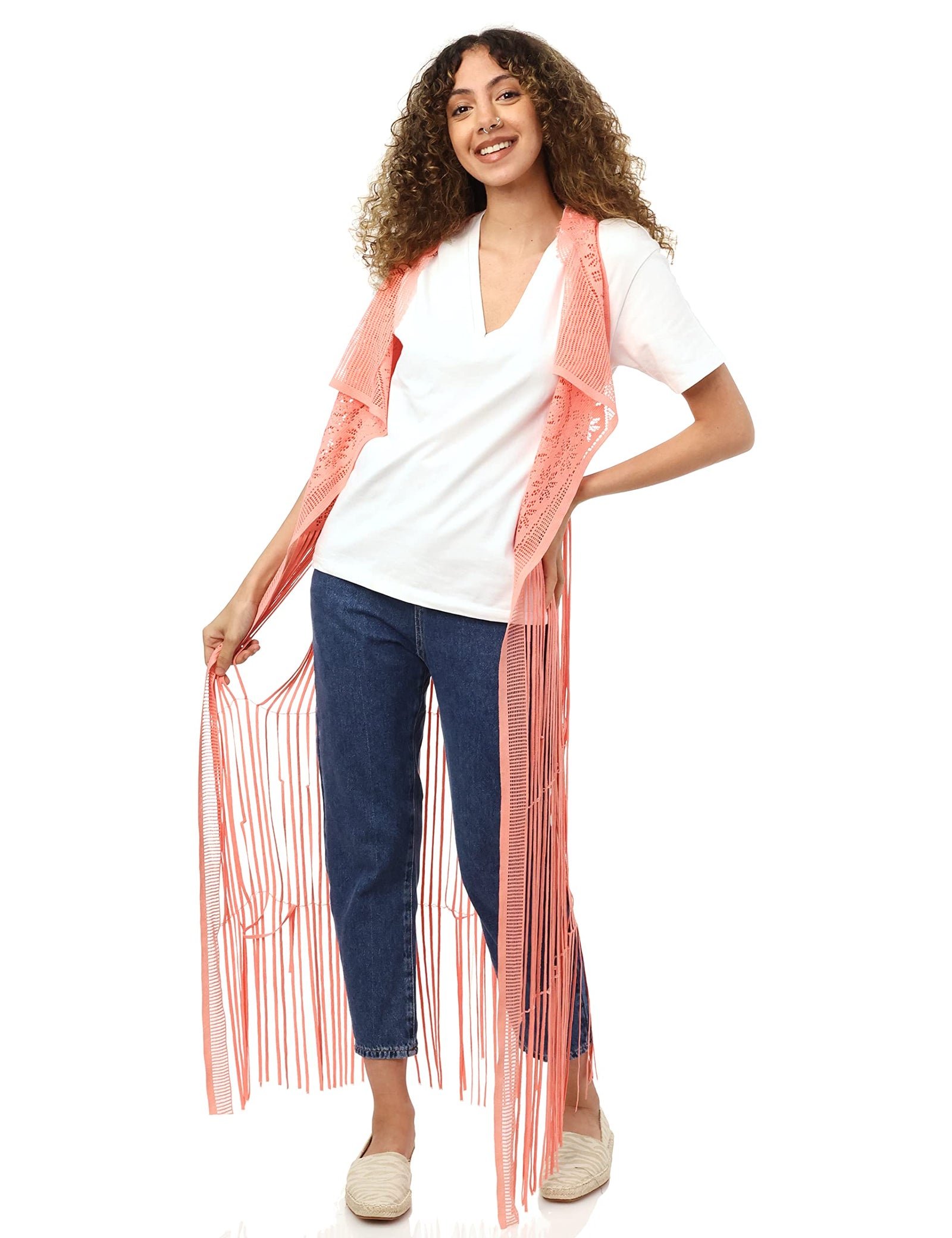 JAMILA Women fringed net cardigan SWEATER