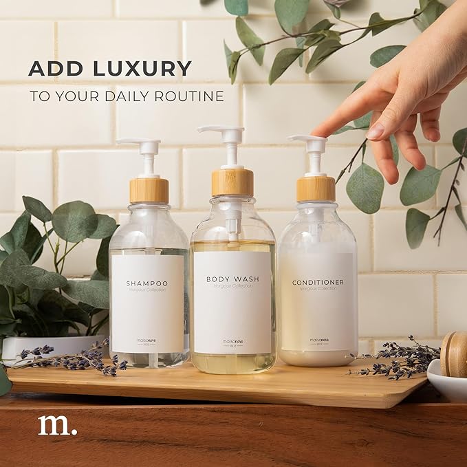 زجاجات موزع الشامبو والصابون مع مضخة الاستحمام من MaisoNovo (عدد 3 زجاجات) للحفاظ على حمامك منظمًا وبمظهر أنيق.