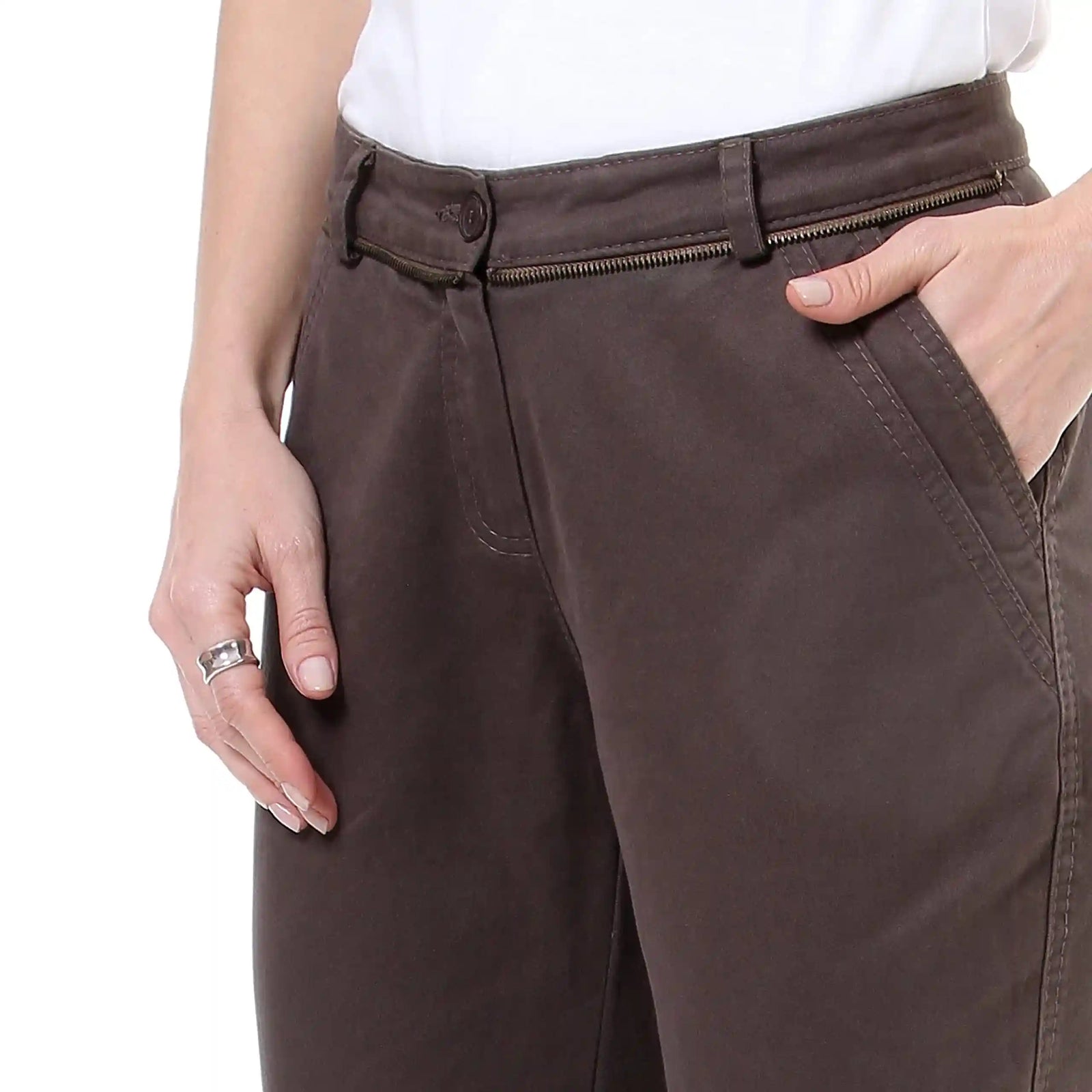 esla_ Fly Zipper Button Solid Cotton Womens Pants_Dark Gray - Safqqa Egypt