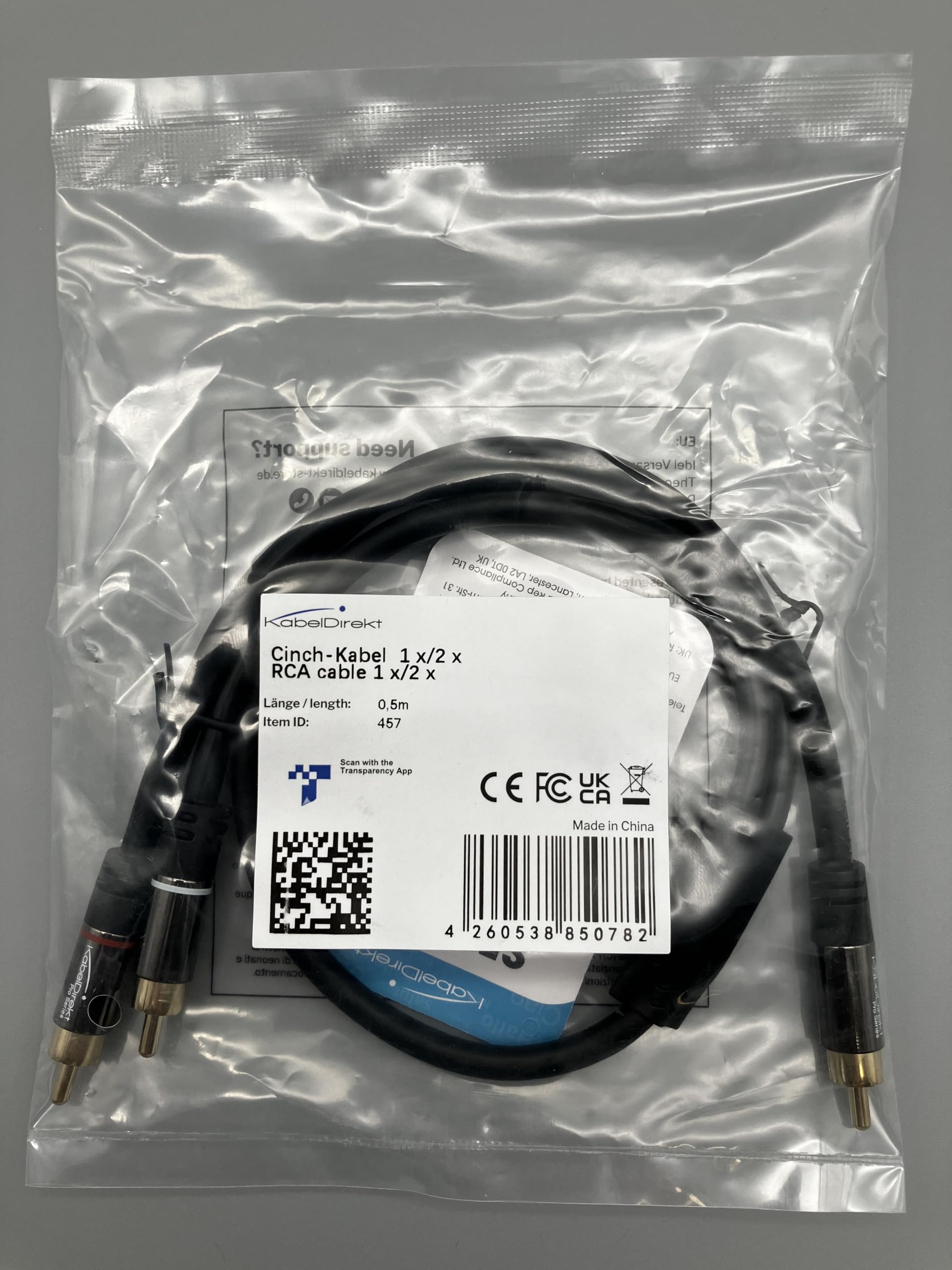 KabelDirekt 457 0.5m RCA Y Cable (1 to 2 RCA, Stereo Audio, Coaxial Male/Male Cinch Plugs, Analog/Digital, Adapter for Subwoofers, Amps, Hi-Fi, Home Cinema, Receivers) - Black