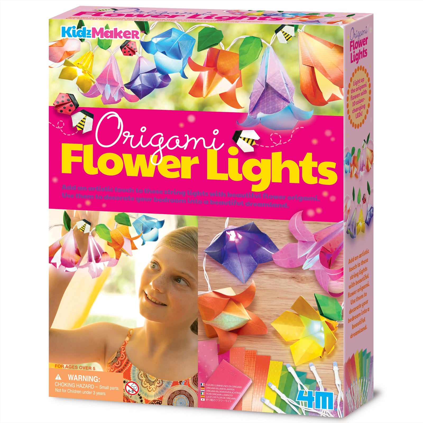 4M KidzMaker Origami Flower Lights Craft Kit – DIY Flower Paper Light String Art with 10 Color‑Changing LED Bulbs + 15 Origami Sheets,