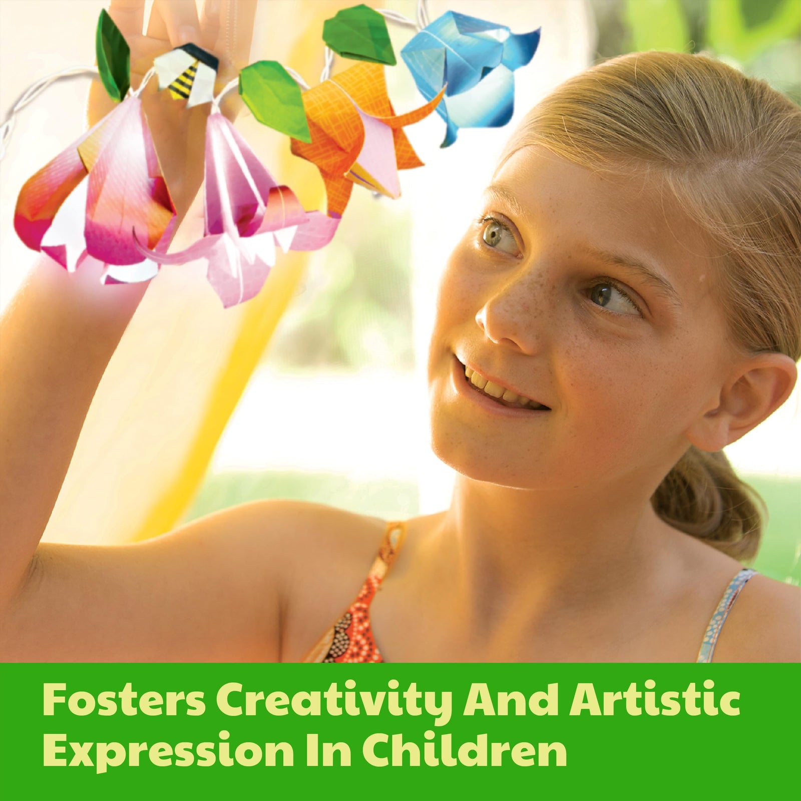 4M KidzMaker Origami Flower Lights Craft Kit – DIY Flower Paper Light String Art with 10 Color‑Changing LED Bulbs + 15 Origami Sheets,