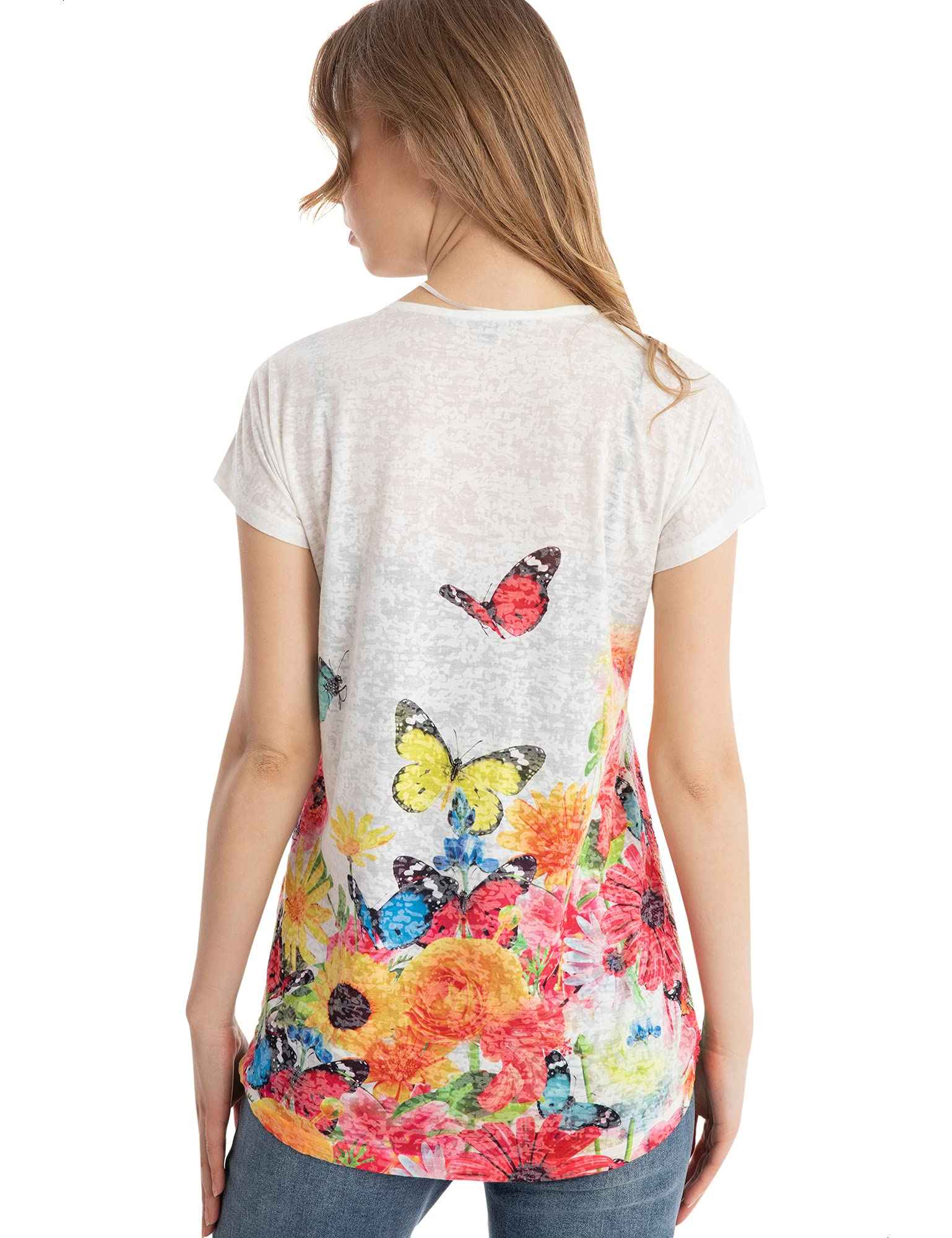 Dalydress Butterflies Print Front Lace Detail T-shirt for Women - Safqqa Egypt