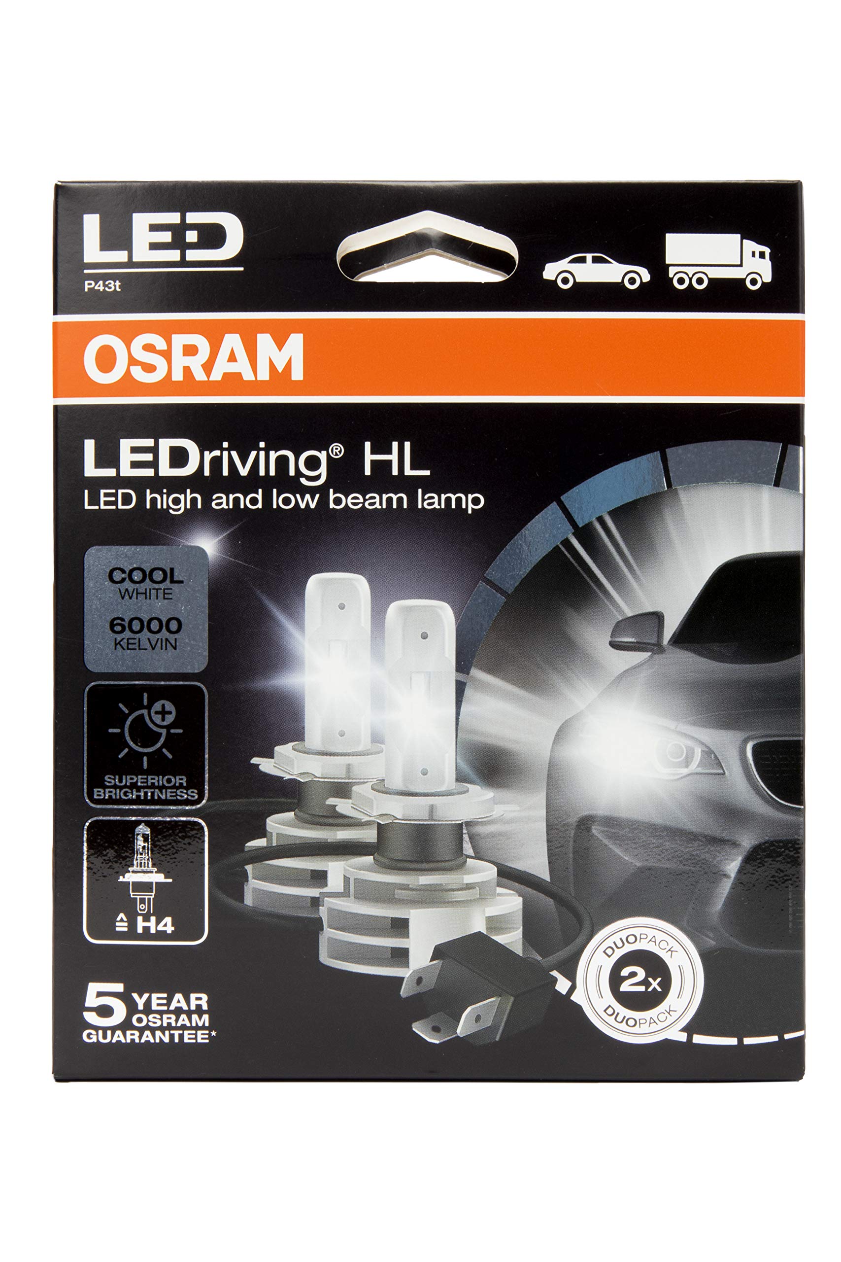لمبات أمامية LED من أوزرام LEDriving HL Gen2 ≜H4 – إضاءة بيضاء 6000 كلفن، 12/24 فولت، للاستخدام خارج الطريق (عبوة من قطعتين)