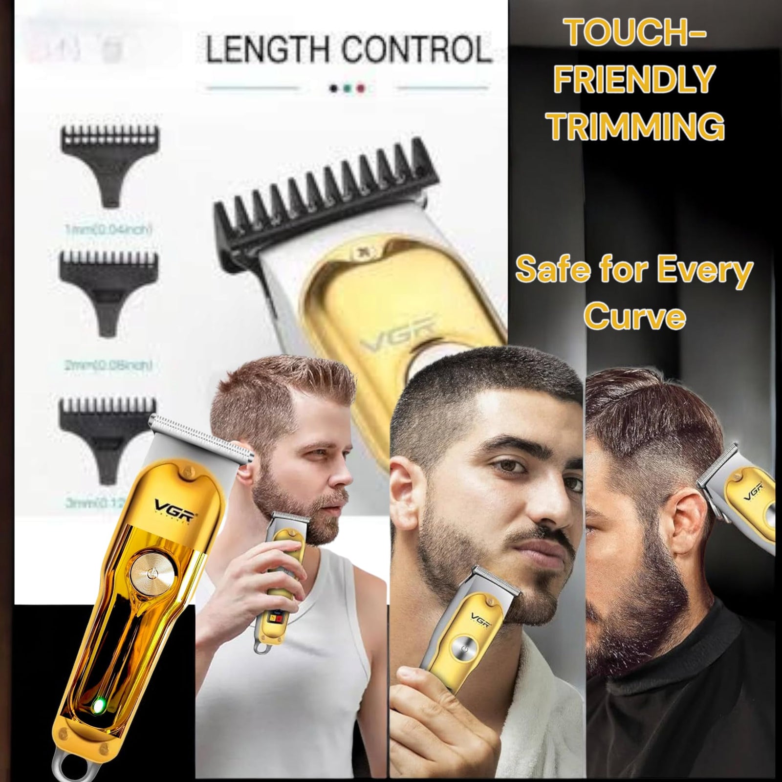 VGR Professional Hair Trimmer, Cordless T-Blade with Multiple Length Controls, USB Fast Charging, Gold