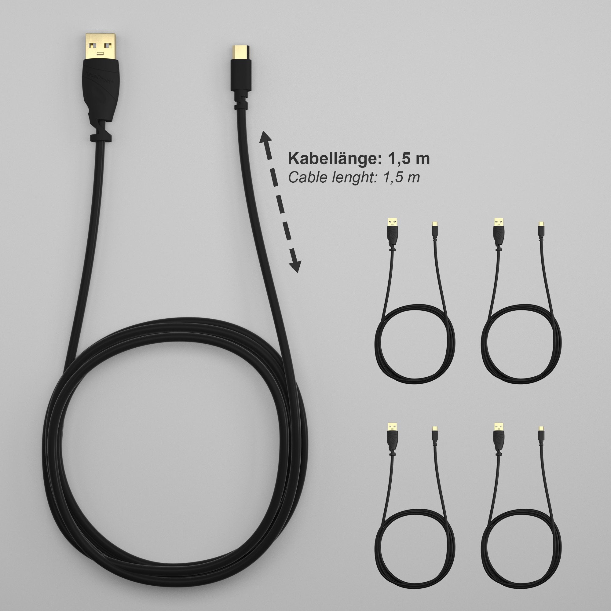 كابل دايركت– كابل USB منتهي الصغر – 3x 1.5 م (كابل شحن USB 2.0، وكابل بيانات، اسود) – توب سيريس، لحاسوب شخصي