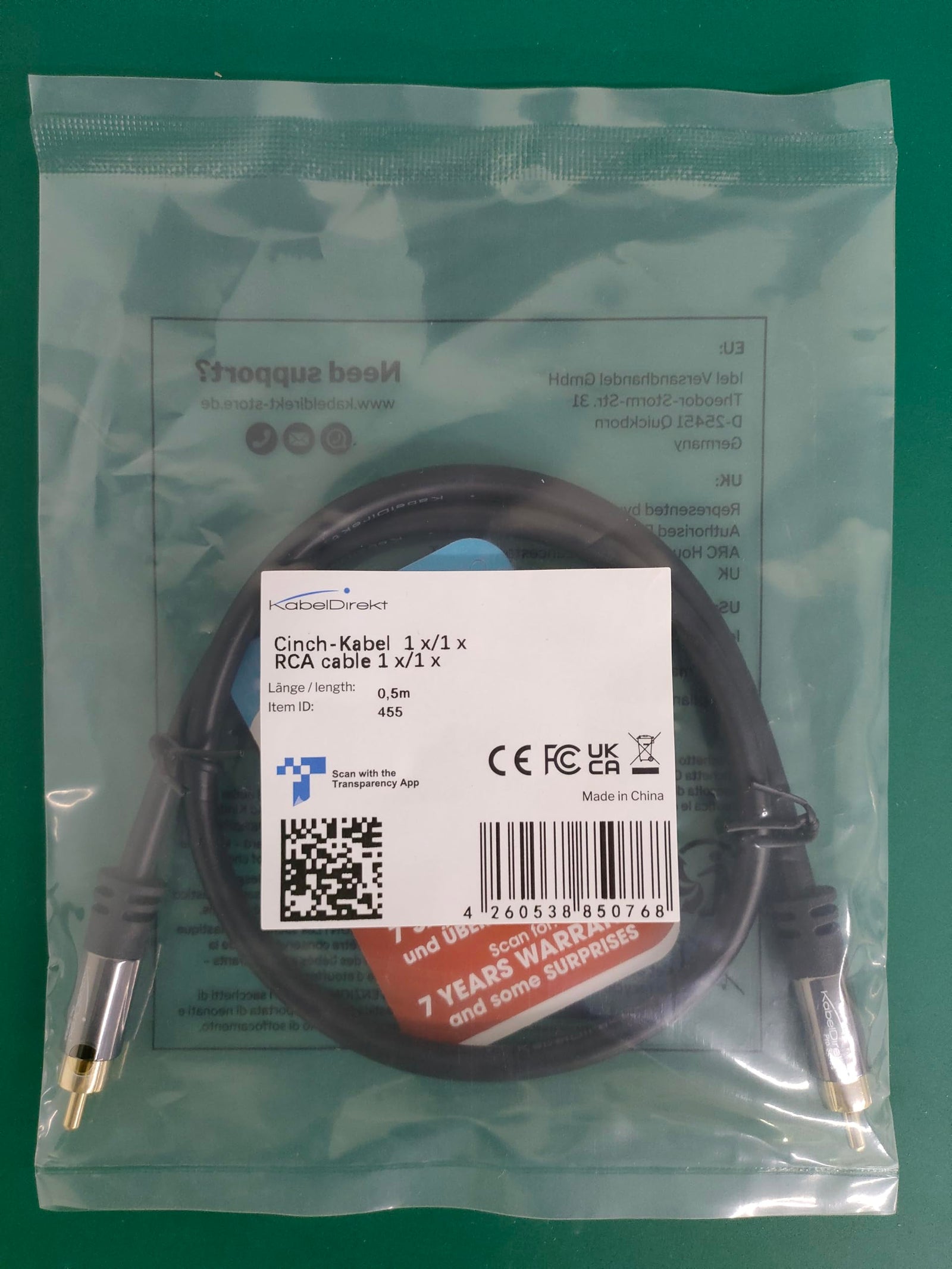 KabelDirekt 455 0.5m RCA/phono subwoofer lead cable, 1 to RCA/phono, audio/digital/video (coax male/male cinch plugs, for amps/Hi-Fis, audio signals/composite video, 75 ohm) black