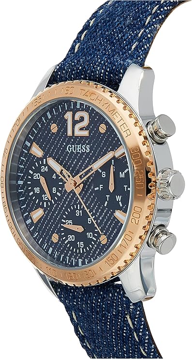 Guess W1057L1 Chronograph Contrast Round Genuine Leather-Stitched Analog Watch for Women - Blue