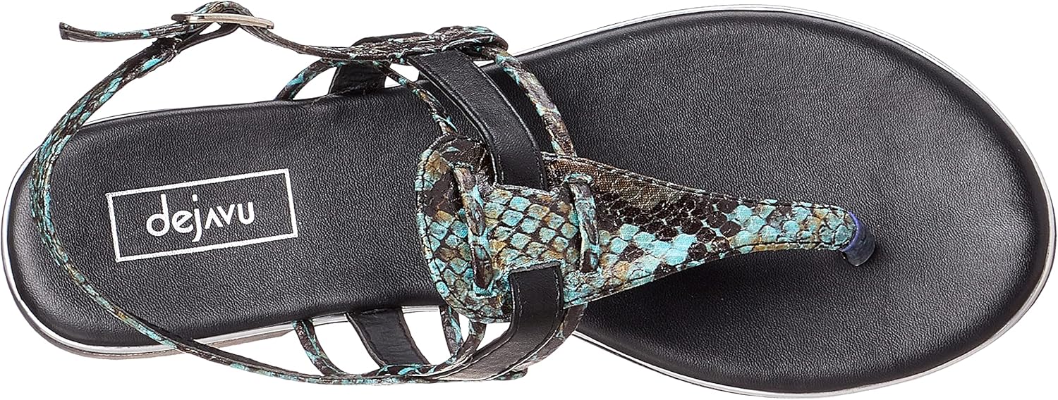 Dejavu Snake Embossed Faux Leather Buckle Ankle Strap Thong Sandals for Women