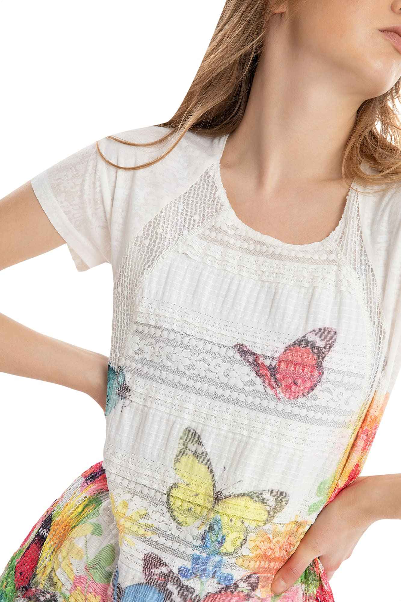 Dalydress Butterflies Print Front Lace Detail T-shirt for Women - Safqqa Egypt