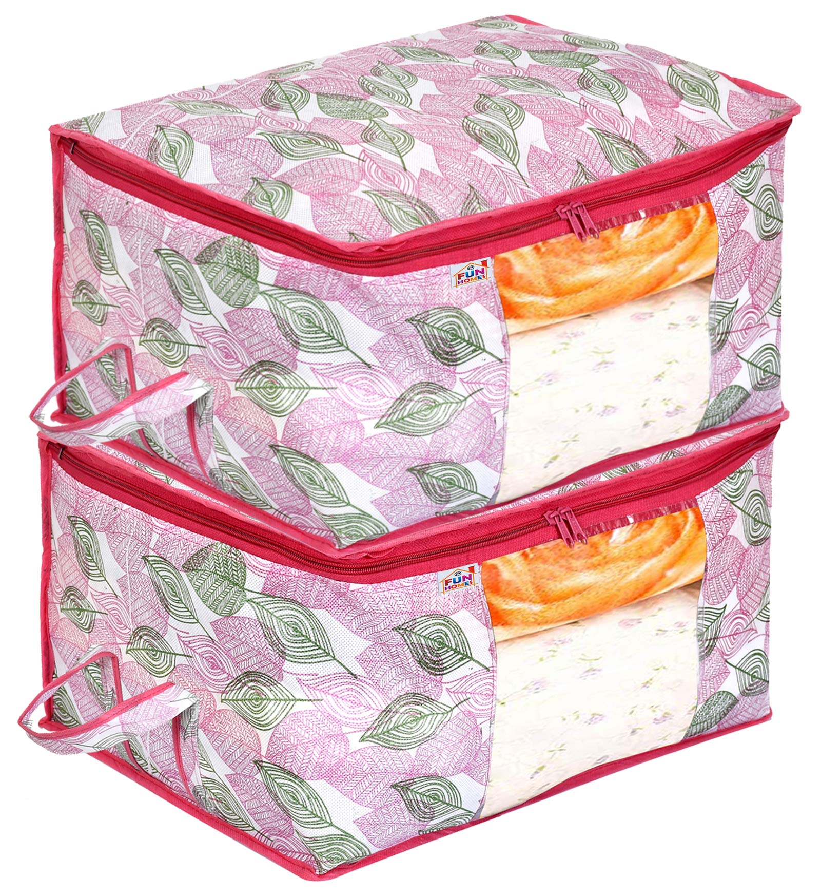 Fun Homes Metallic Leafy Print Underbed Storage Bags – 2 Pieces Non-Woven Cloth Organiser with Transparent Window – Safqqa Egypt