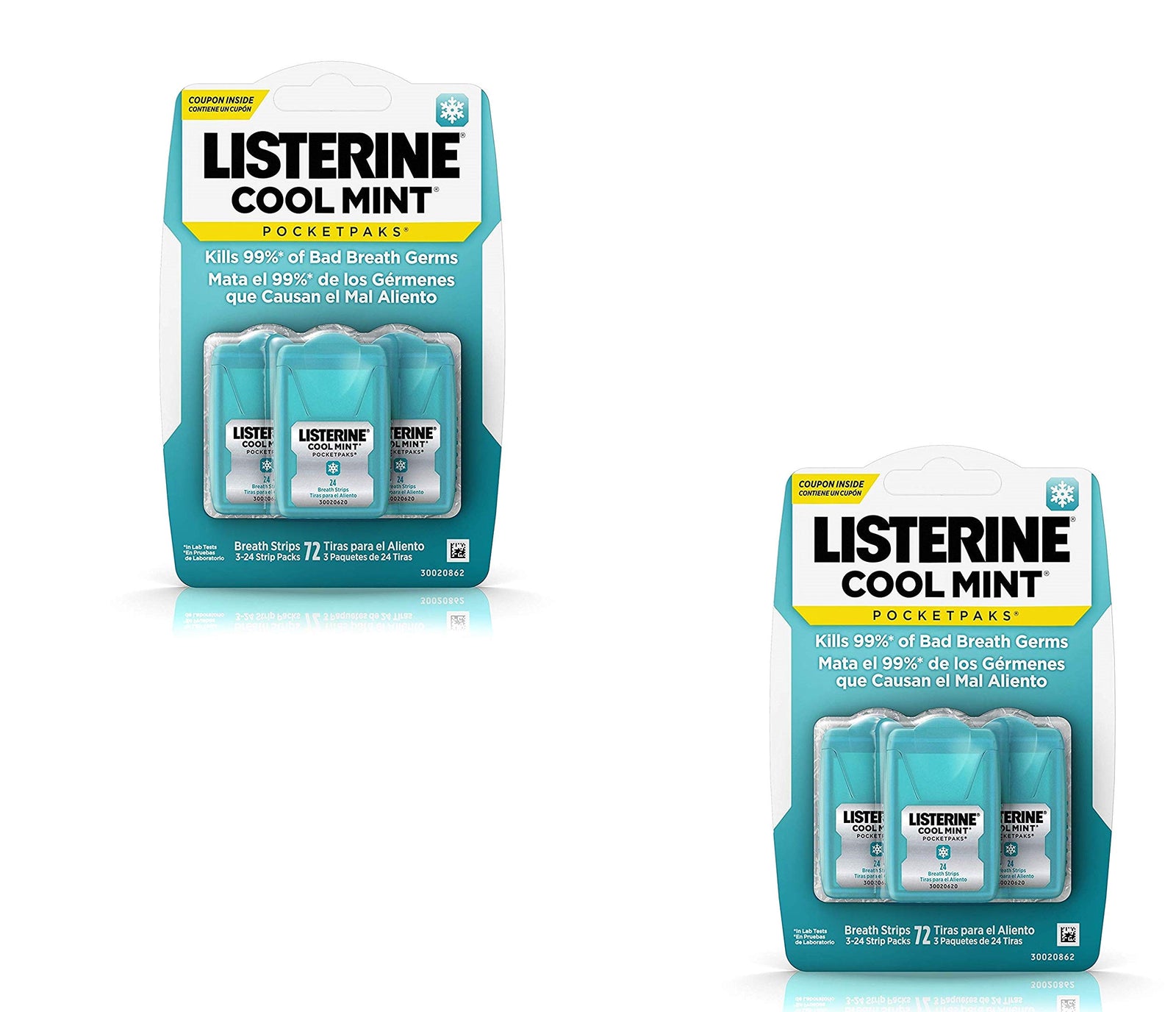 شرائح ليسترين بوكيت باكس بنكهة النعناع البارد. تتميز هذه الشرائح الرقيقة والقابلة للذوبان بأنها تقضي على ٩٩٪ من الجراثيم المسببة لرائحة الفم الكريهة