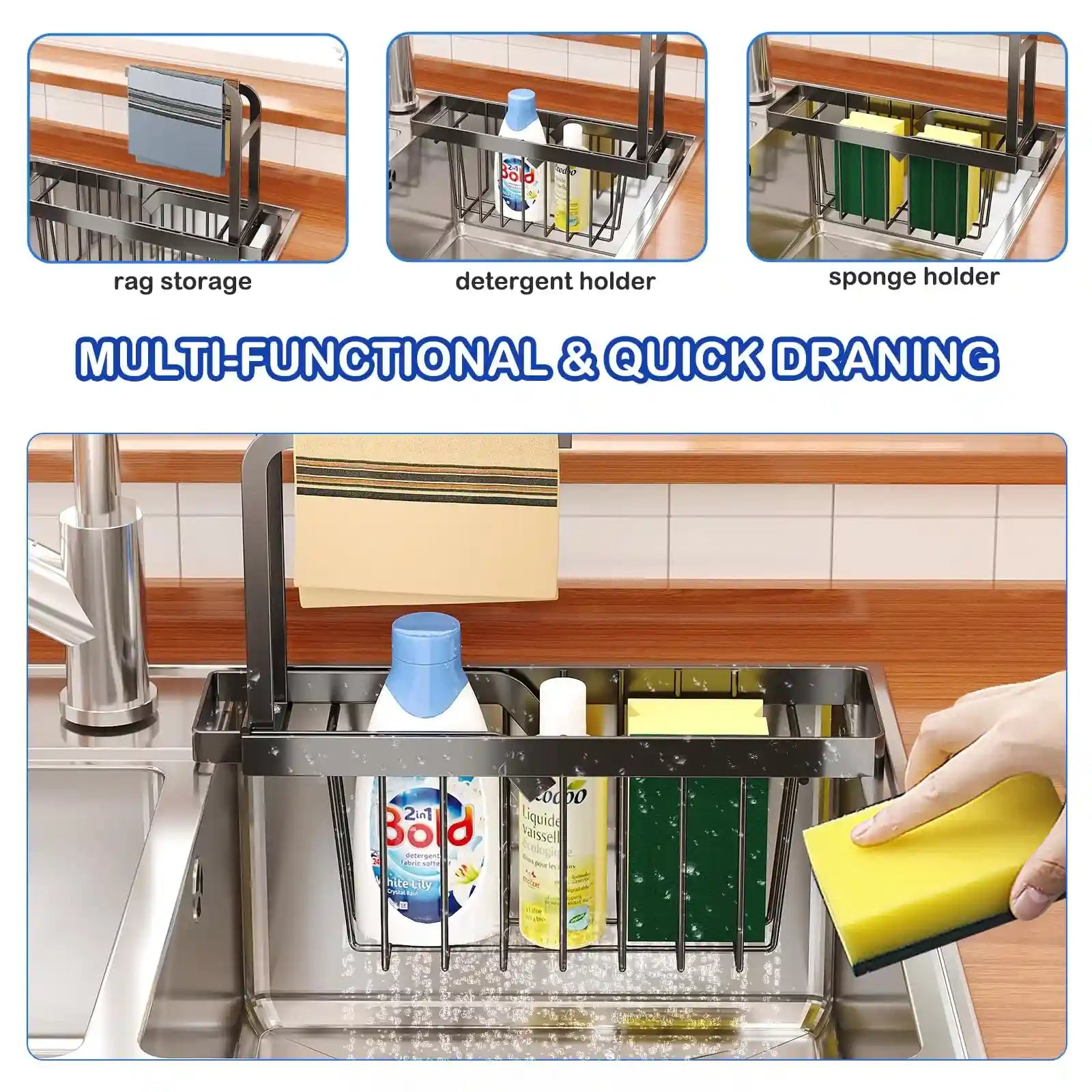 HOISIMDY Kitchen Sink Organiser Sink Caddy Expandable Sponge Holder Telescopic Sink Rack & Holder with Dishcloth Towel Rack