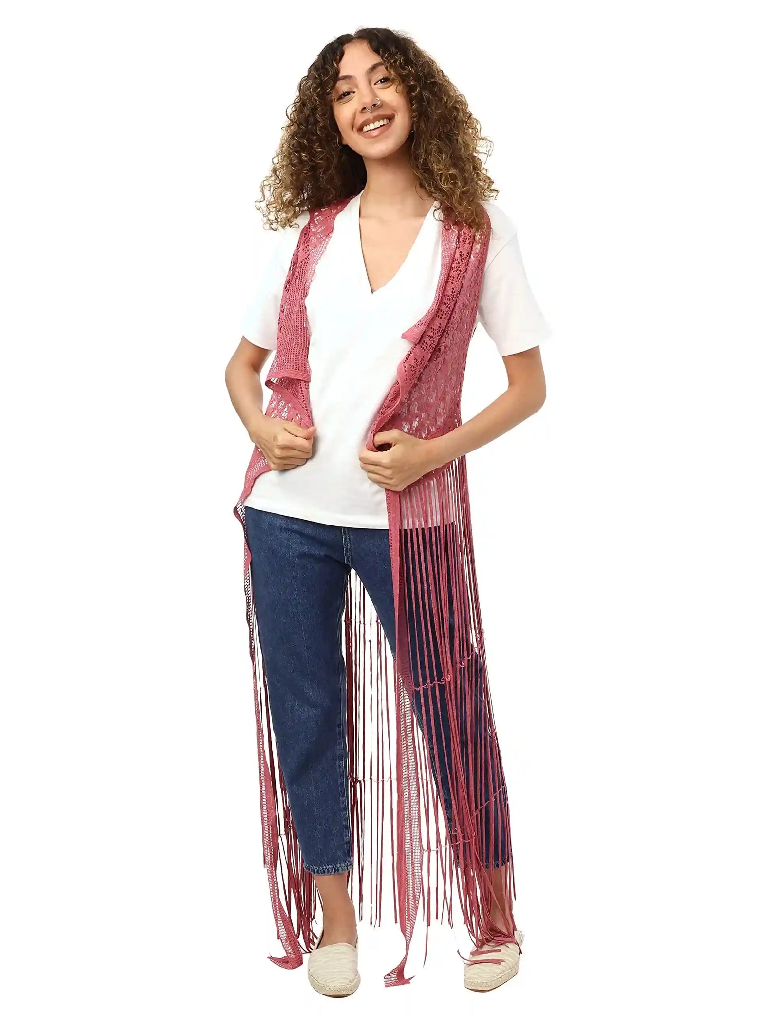 JAMILA Women fringed net cardigan SWEATER