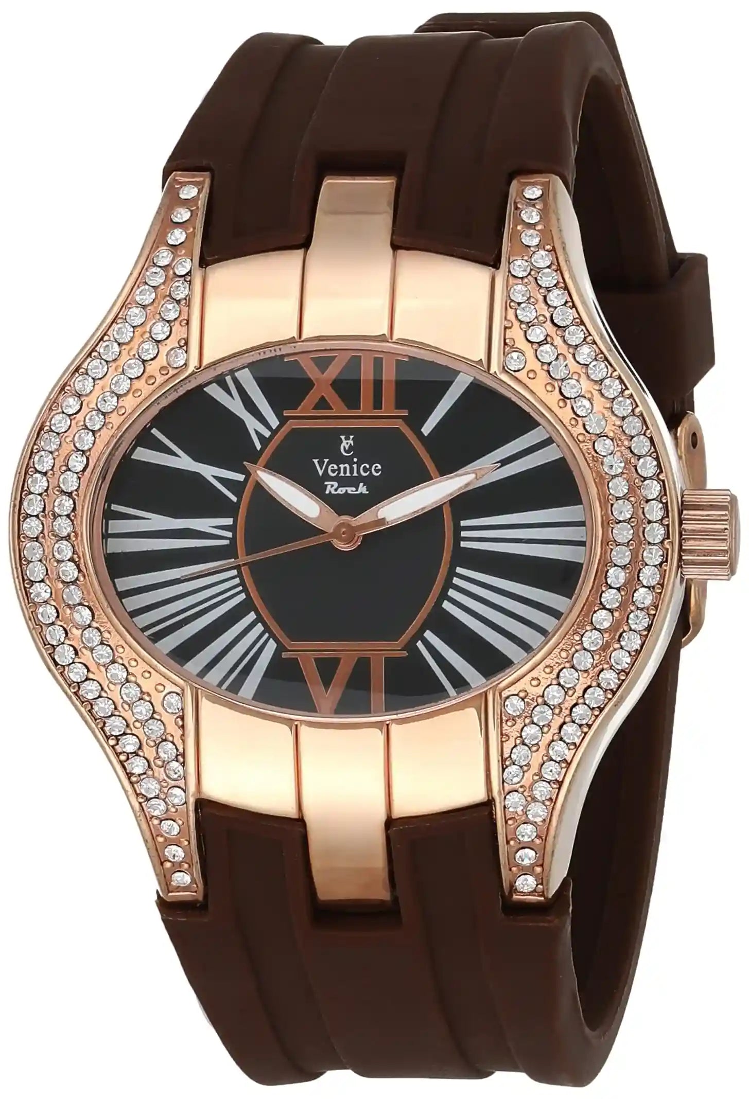 Venice V8064-IPR-C Women’s Oval Analog Watch – Two-Tone Silicone with Embellished Bezel