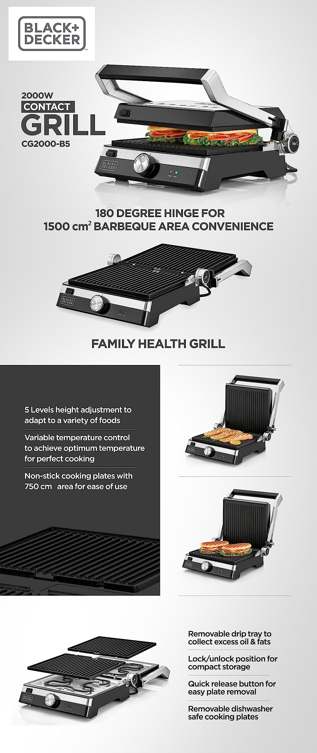 Black+Decker Contact Grill, Family Health Grill, 2000W, Black/Silve– CG2000-B5 – Minor Scratch, Damage Box