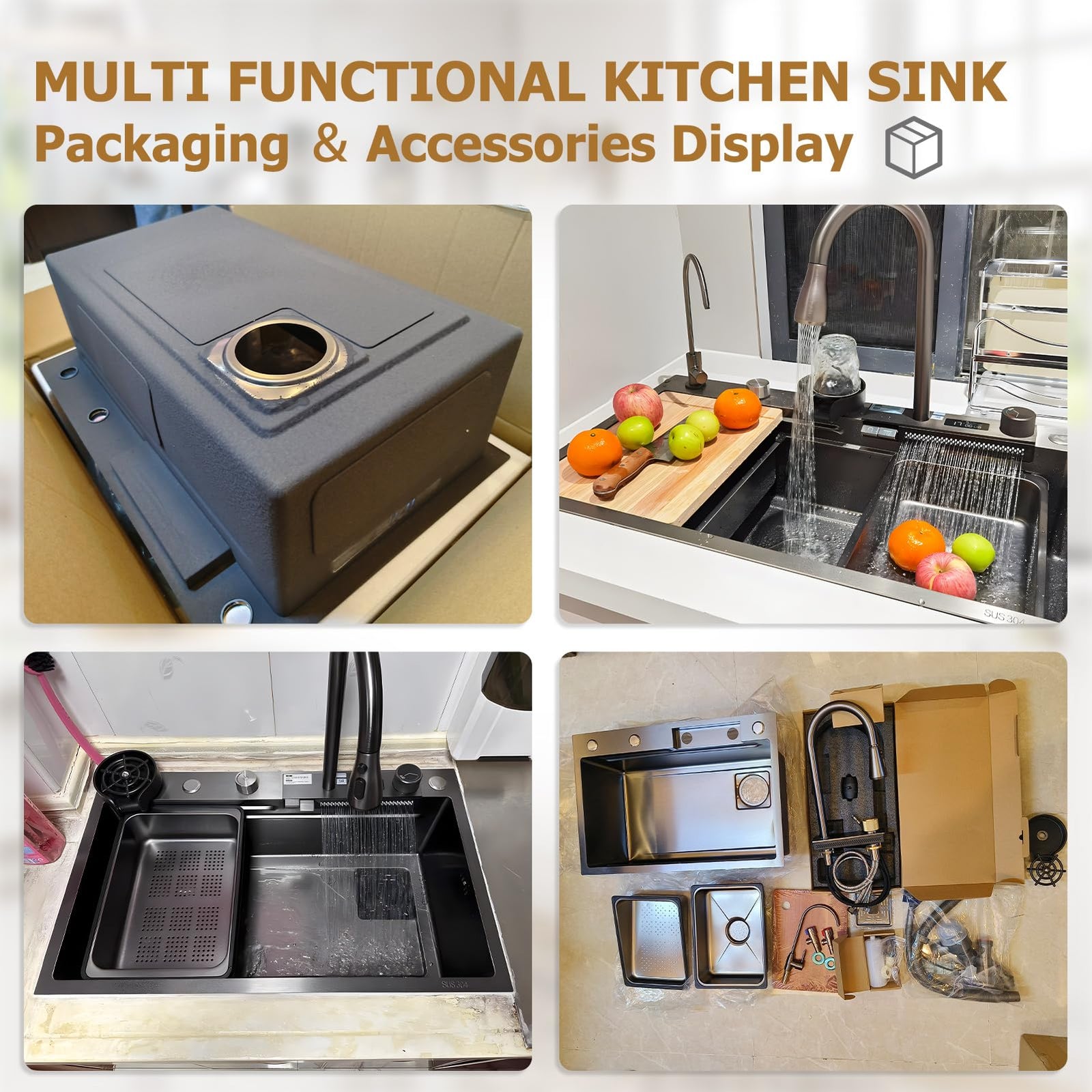 حوض مطبخ Intelligence Waterfall – وعاء واحد، من الفولاذ المقاوم للصدأ 304، محطة عمل