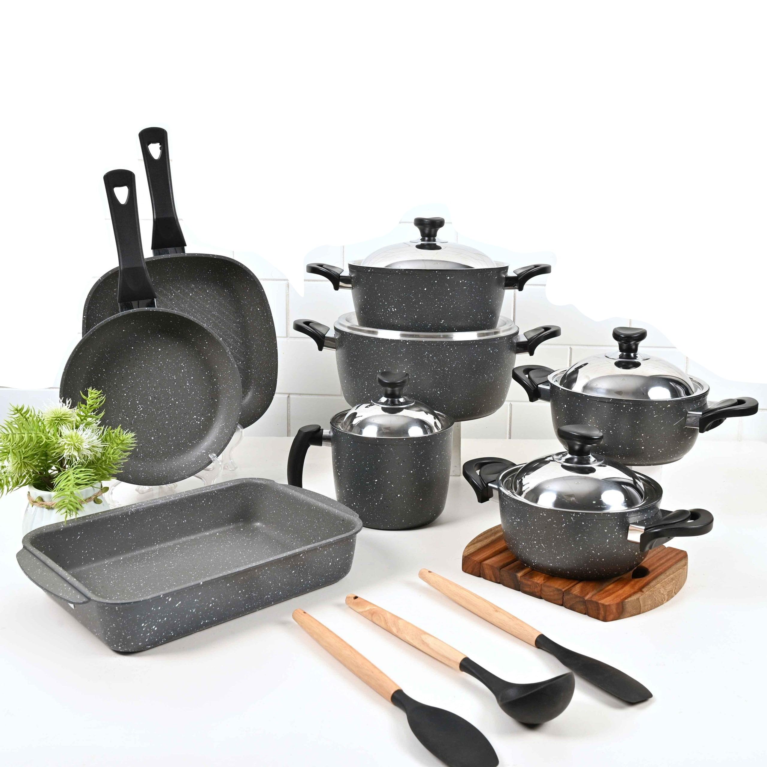 طقم أدوات طهي من سافلون جرانيت المكوّن من 13 قطعة، باللون الرمادي هو مجموعة متكاملة وأنيقة للمطبخ مصمّمة لتسهيل عملية الطبخ اليومية