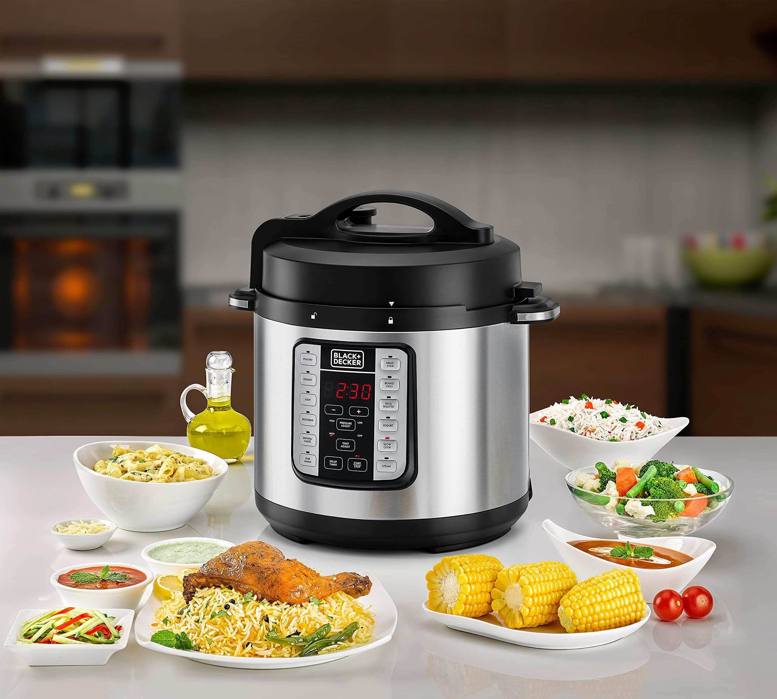 Black&Decker 7-in-1 Smart Electric Pressure Cooker, 6L, 1000W – Programmable Multi-Cooker, Black/Silver – PCP1000-B5