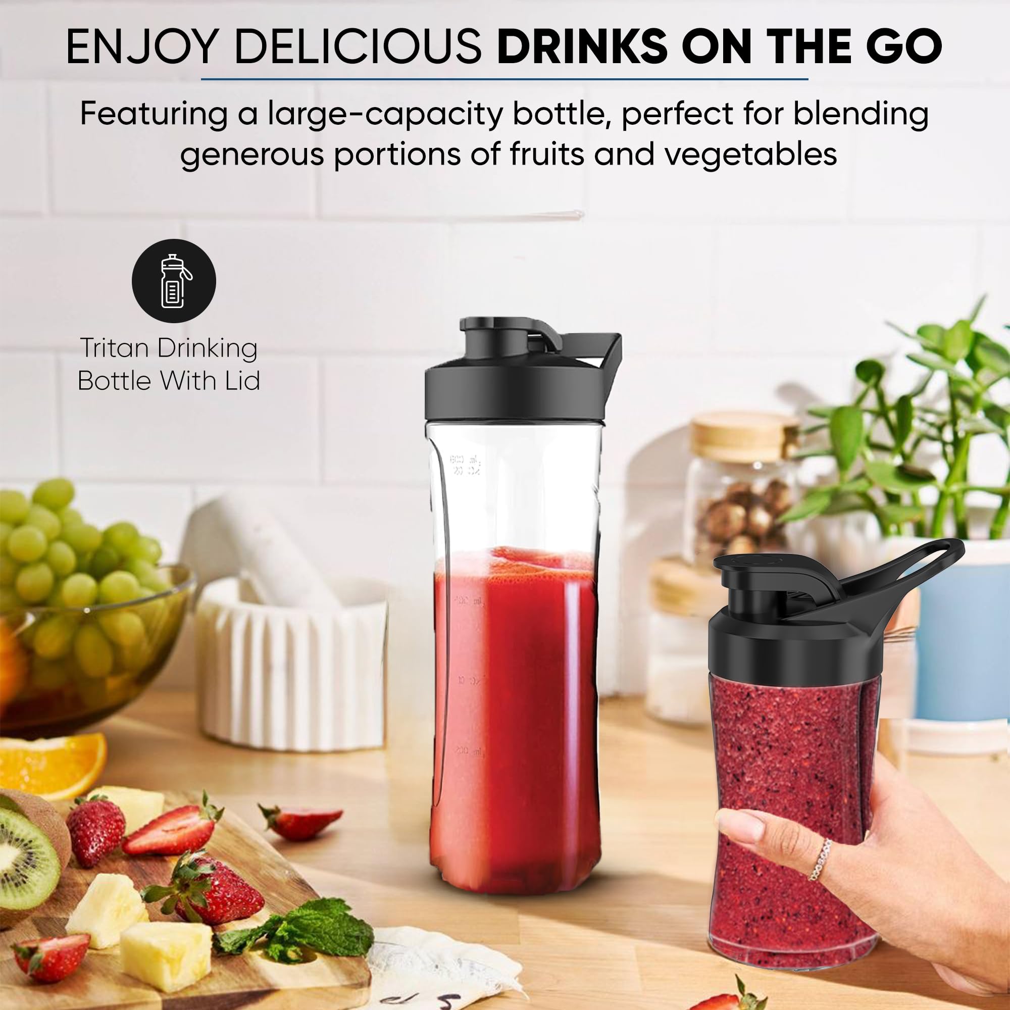 Nikai 300W Smoothie Maker, 600ml Capacity, Powerful Motor for Smooth Blending, St Steel Blades, BPA-Free Tritan Bottles with Lids, Compact Design Ideal for Smoothies & Shakes NB202ST