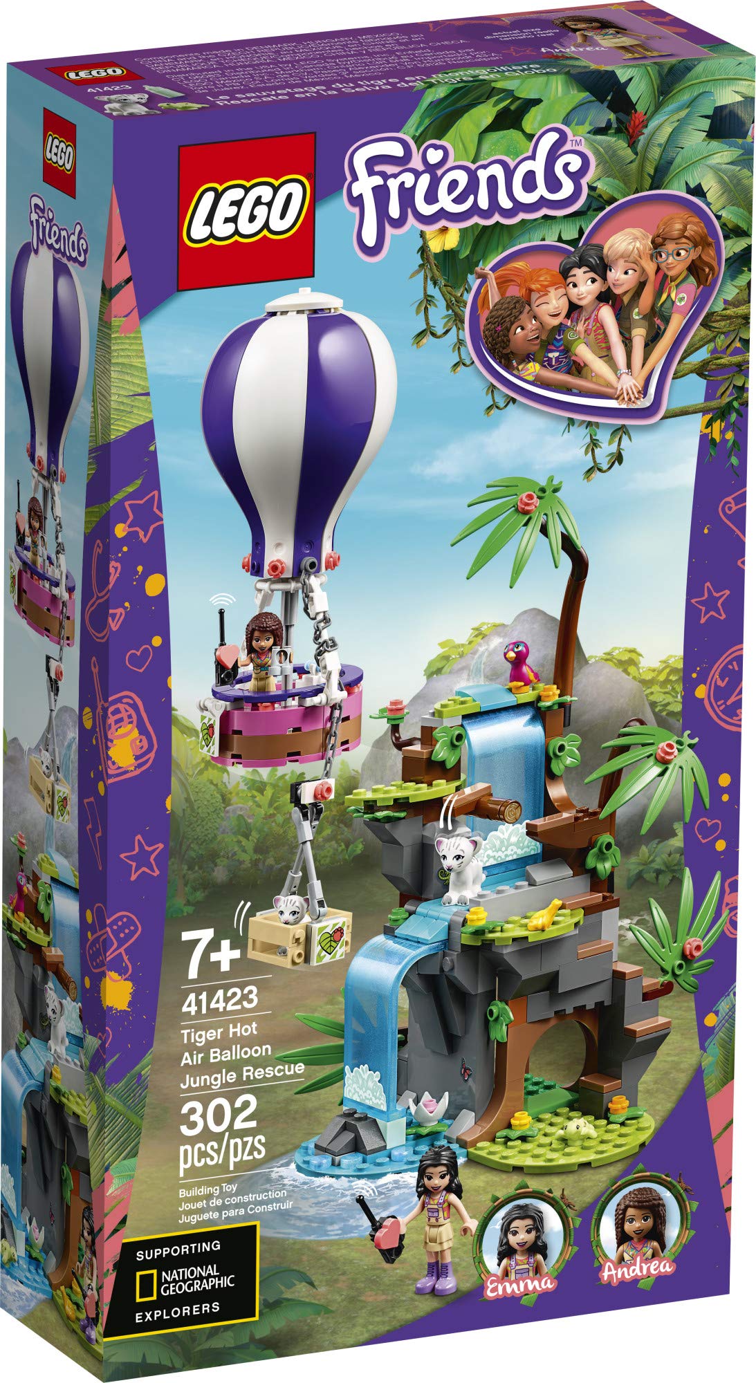 LEGO Friends Tiger Hot Air Balloon Jungle Rescue 41423; LEGO Friends Adventure Set Features a Toy Hot Air Balloon and LEGO Friends Buildable Figures for Hours of Creative Fun, New 2020 (302 Pieces)