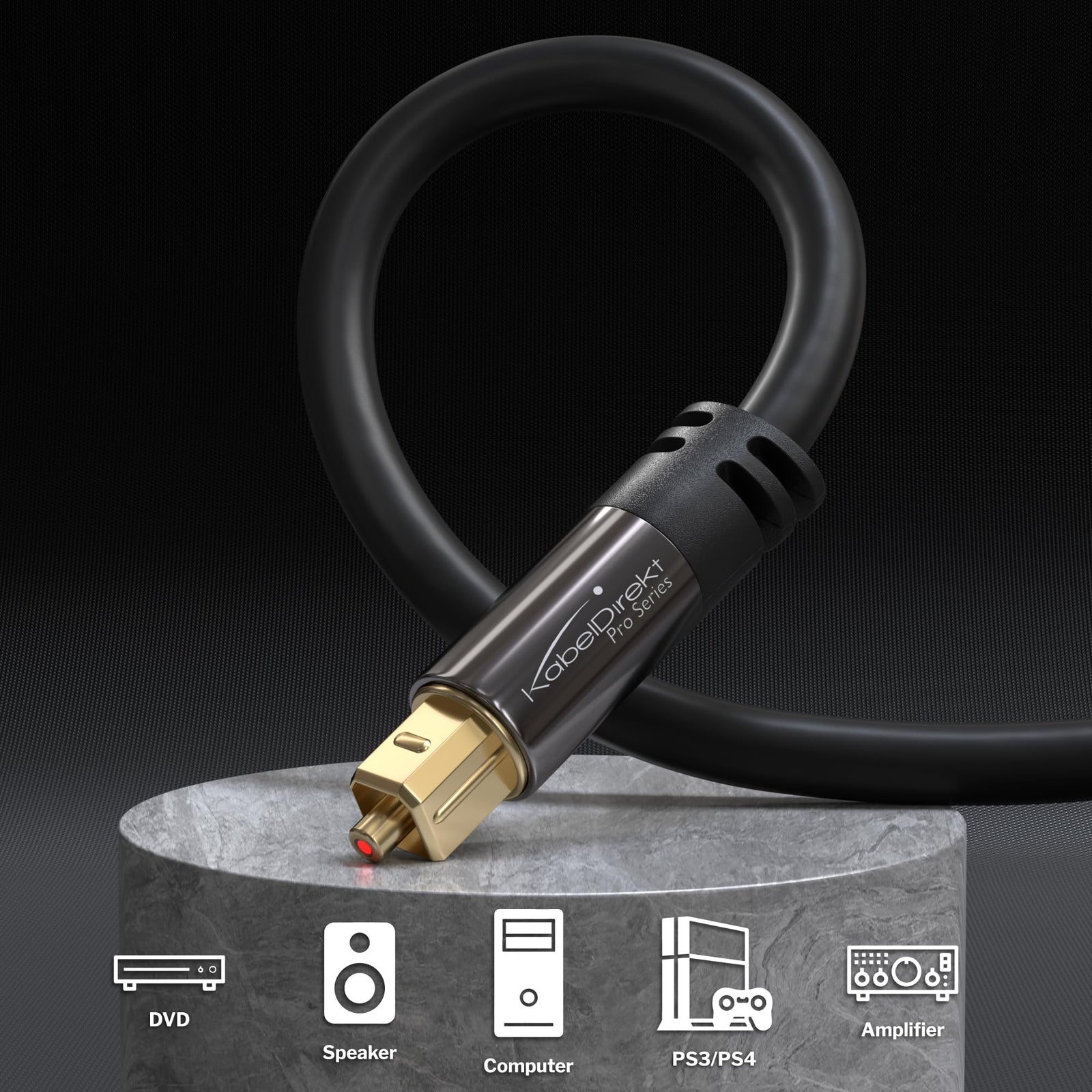 KabelDirekt 310 15m Optical Digital Audio Cable/TOSLINK Cable (TOSLINK to TOSLINK, fibre optic cable, for Home Theater, PS4, XBOX) PRO Series black