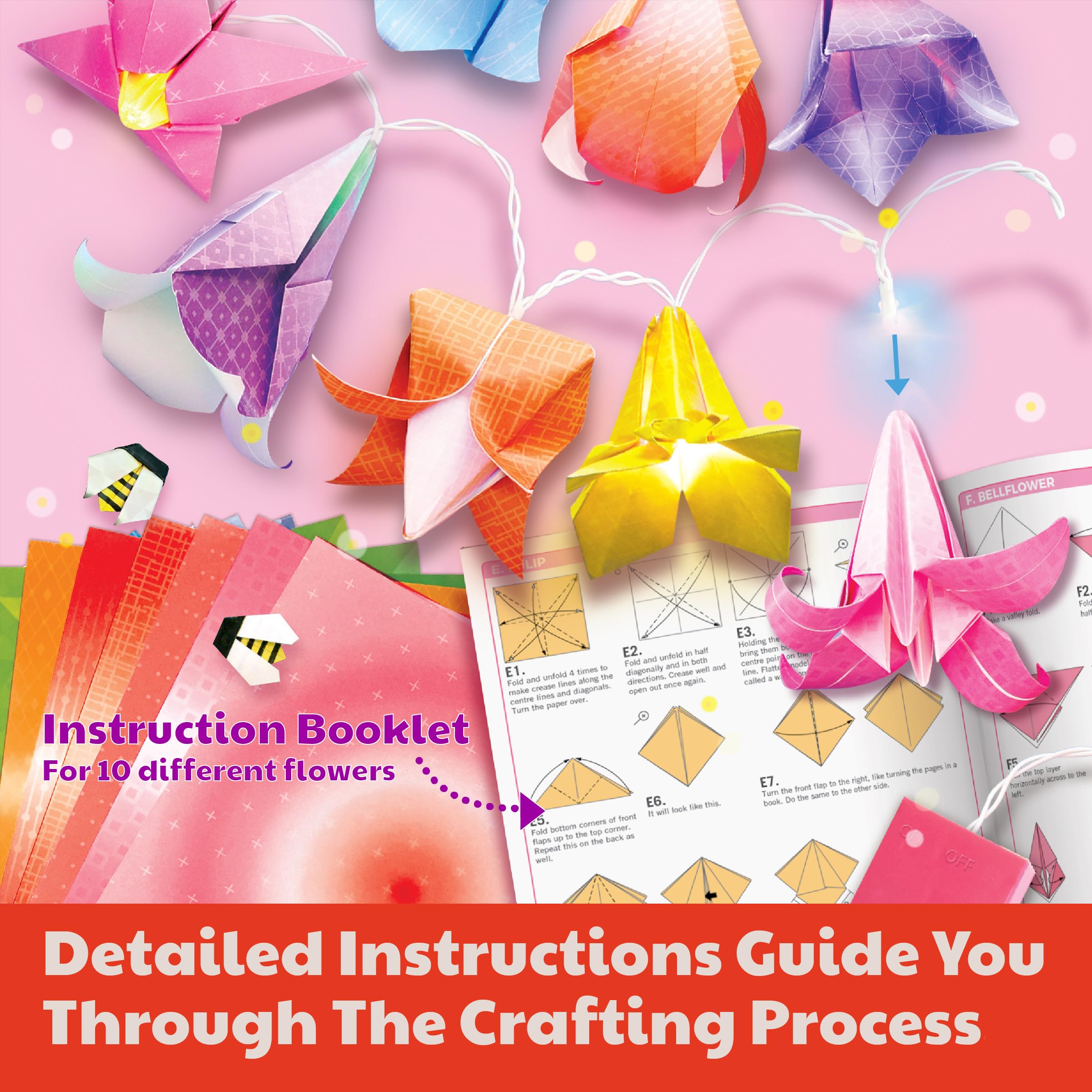 4M KidzMaker Origami Flower Lights Craft Kit – DIY Flower Paper Light String Art with 10 Color‑Changing LED Bulbs + 15 Origami Sheets,