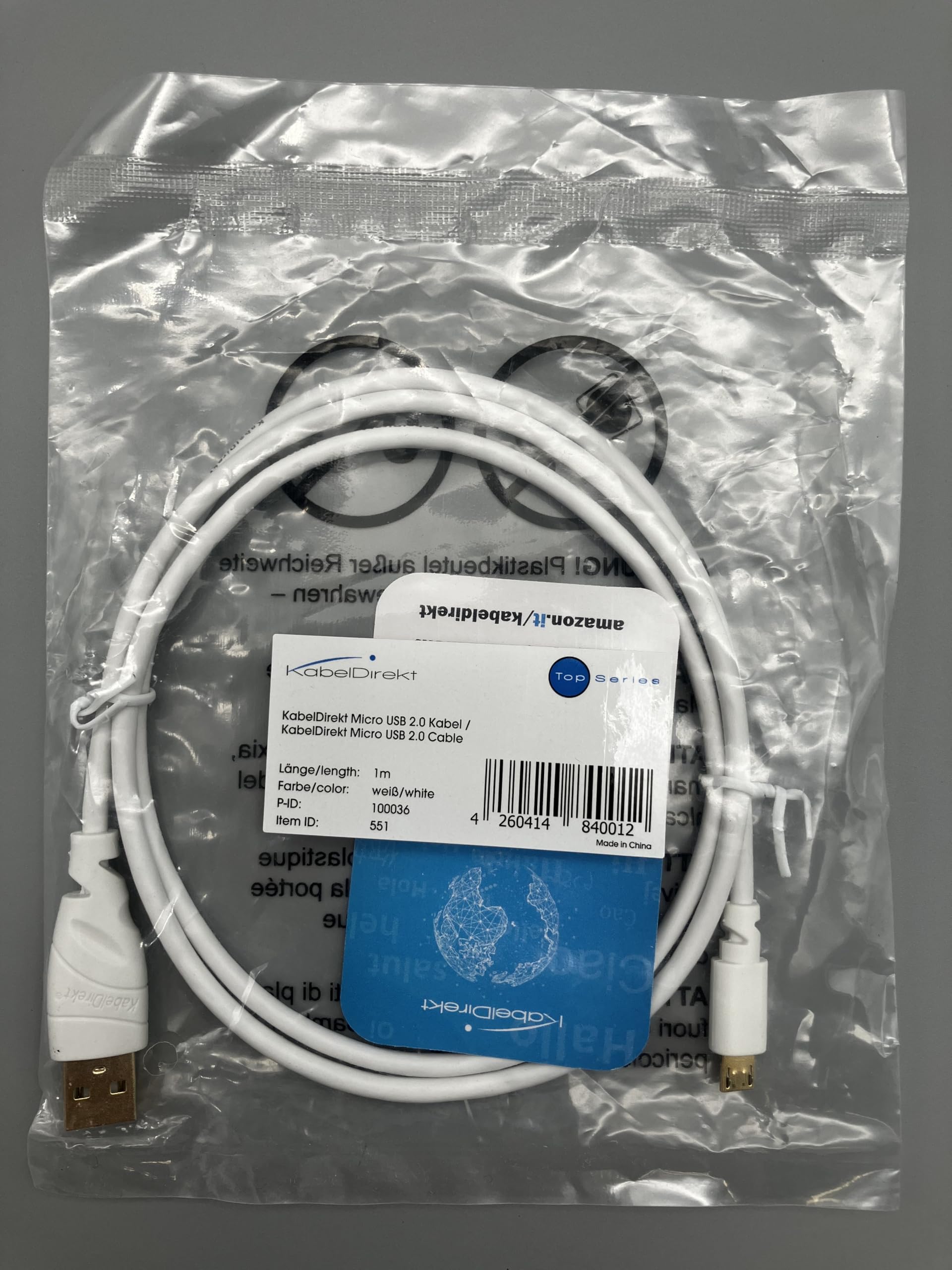 كابل ديركت 551 كابل ميكرو USB بطول 1م (USB 2.0، كابل مزامنة وشحن) سلسلة TOP باللون الأبيض