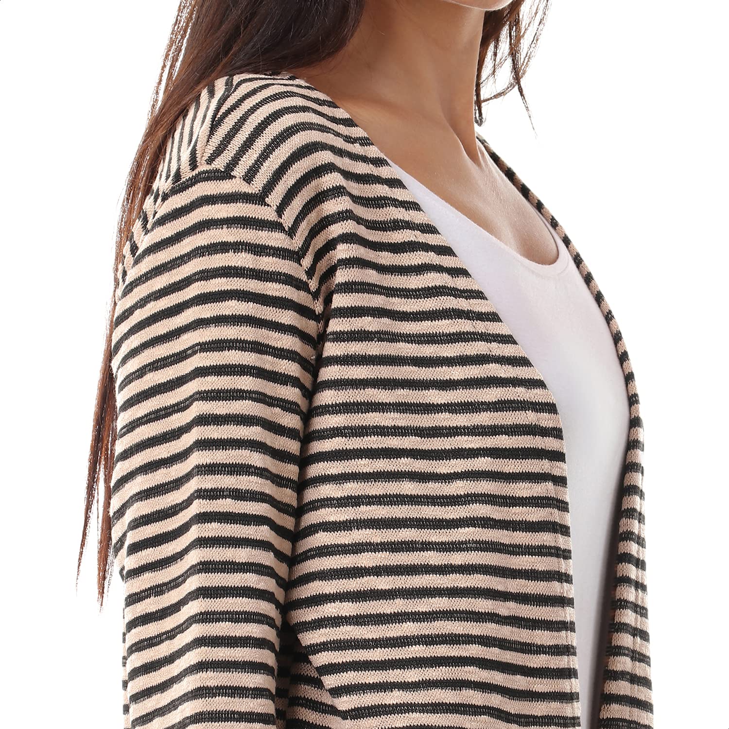 Jamila Hairline Stripes Front Pockets Long Sleeves Open Cotton Cardigan For Women,Long sleeves for added warmth and coverage.