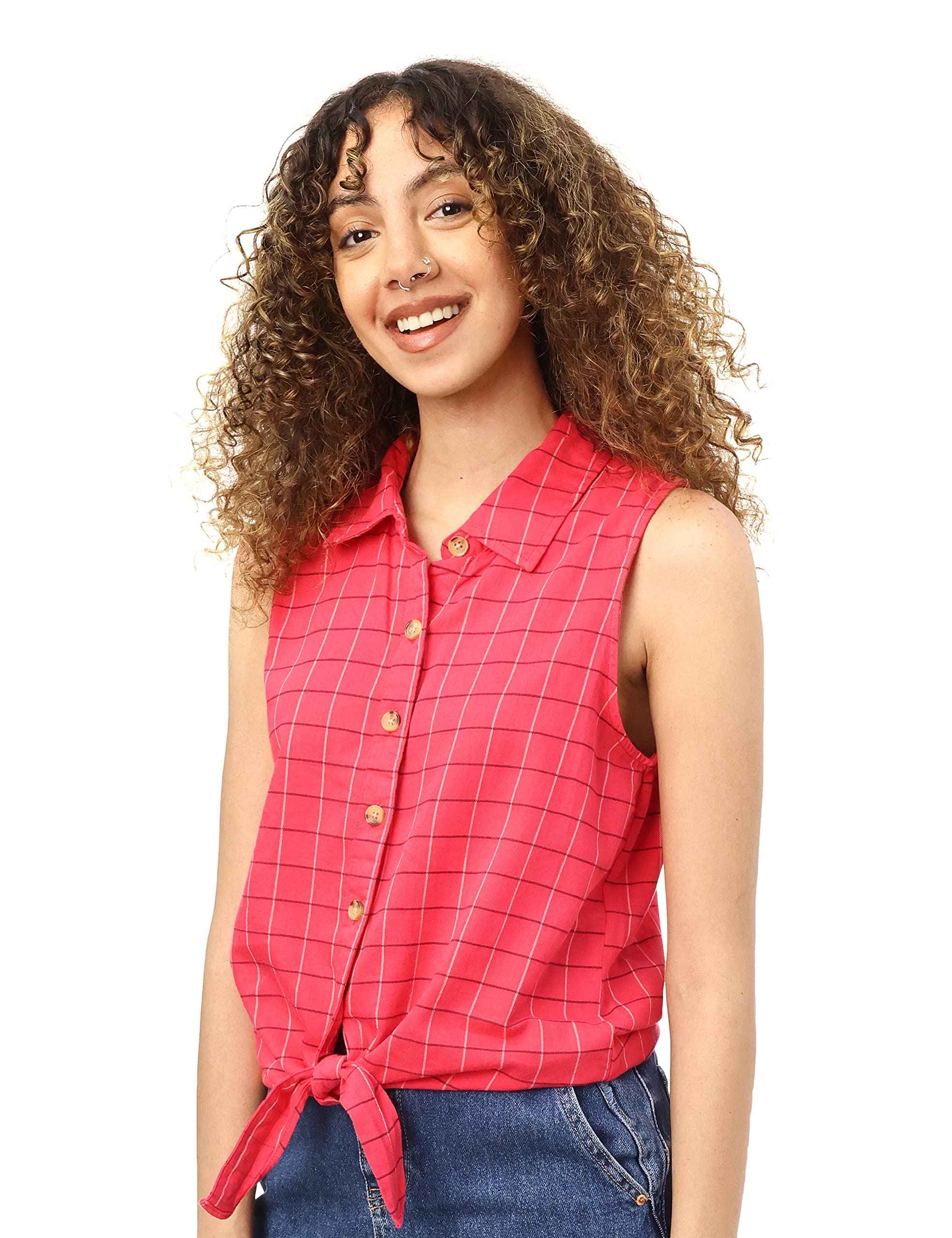 Aeropostale Shirt for Women Cotton Windowpane Plaid Front-Knot Sleeveless