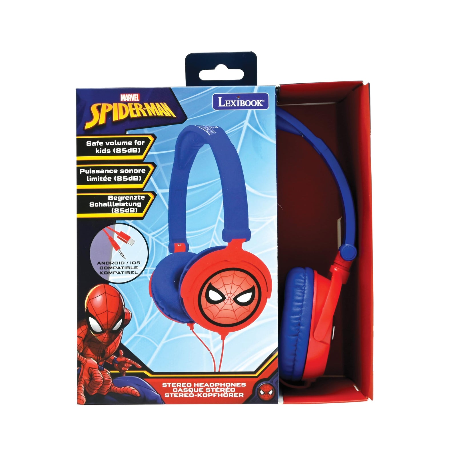 Lexibook  Spider-Man Peter Parker Stereo Headphone, kids safe, foldable and adjustable, red/blue, HP010SP