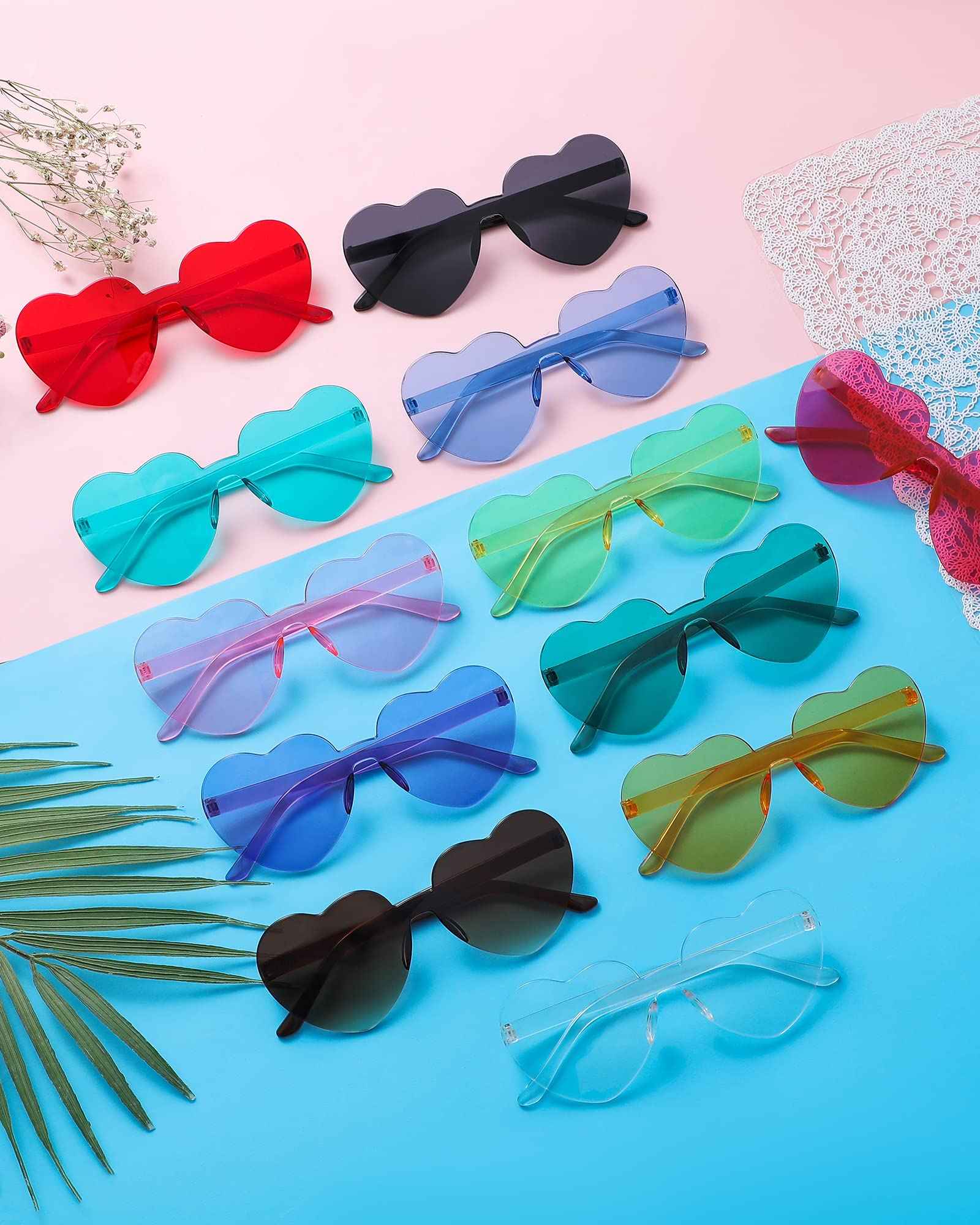 Dllween Heart Sunglasses for Women, 12 Pairs Fun Trendy Rimless Heart Glasses Bulk, Transparent Candy Colored Heart Shaped Sunglasses for Party Favor