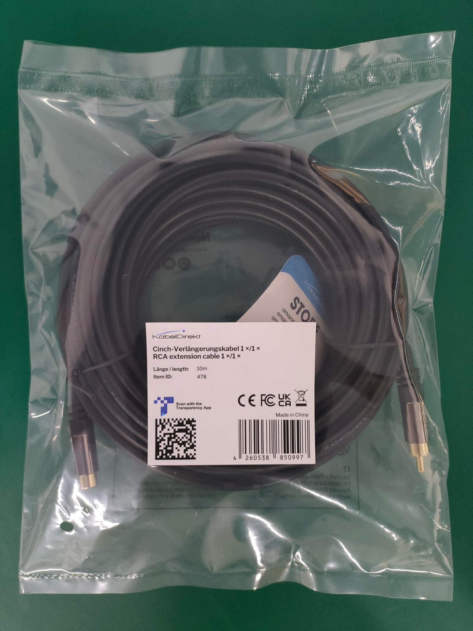 KabelDirekt 478 10m RCA/phono extension lead cable, audio/digital/video (coax male to female, for subs/amps/Hi-Fis, analogue/digital audio or composite video, 75 ohm) black