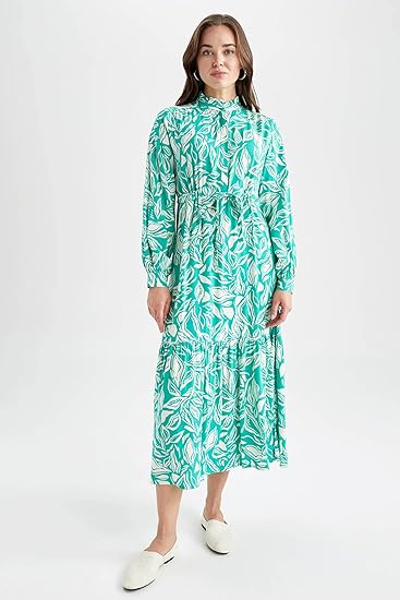 DeFacto Women's Long Sleeve Floral Printed Maxi Dress